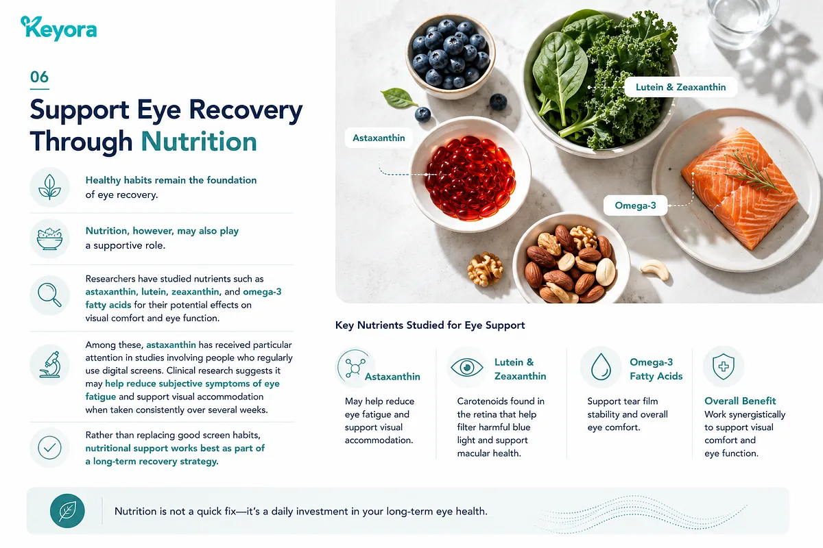 KEYORA nutrition guide on Strategy 06: "Support Eye Recovery Through Nutrition", displaying a flat-lay photograph of nutrient-rich foods including salmon (Omega-3), kale and spinach (Lutein & Zeaxanthin), berries, nuts, and red astaxanthin softgel capsules. It highlights clinical research on astaxanthin for eye fatigue and visual accommodation support. KEYORA nutrition guide on Strategy 06: "Support Eye Recovery Through Nutrition", displaying a flat-lay photograph of nutrient-rich foods including salmon (Omega-3), kale and spinach (Lutein & Zeaxanthin), berries, nuts, and red astaxanthin softgel capsules. It highlights clinical research on astaxanthin for eye fatigue and visual accommodation support.