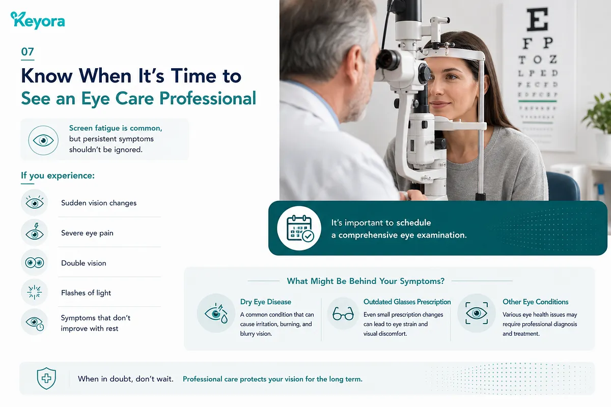 KEYORA medical advisory slide on Strategy 07: "Know When It's Time to See an Eye Care Professional", featuring a woman receiving an eye exam from an optometrist using a slit lamp. It lists red-flag symptoms requiring medical attention (sudden vision changes, severe pain, double vision, flashes of light) and potential underlying causes like dry eye disease or outdated prescriptions. KEYORA medical advisory slide on Strategy 07: "Know When It's Time to See an Eye Care Professional", featuring a woman receiving an eye exam from an optometrist using a slit lamp. It lists red-flag symptoms requiring medical attention (sudden vision changes, severe pain, double vision, flashes of light) and potential underlying causes like dry eye disease or outdated prescriptions.