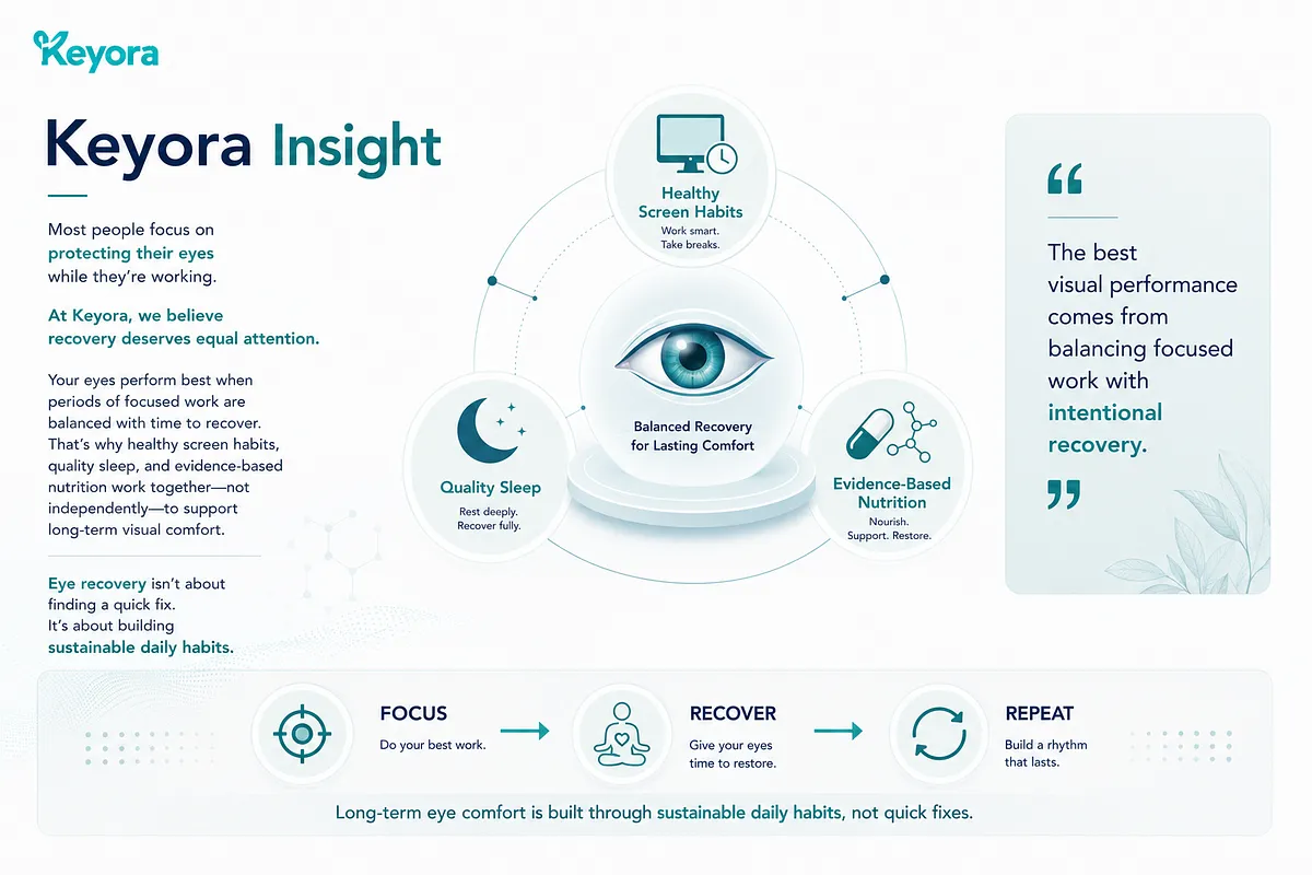 KEYORA summary slide titled "Keyora Insight", presenting a central eye graphic surrounded by three interconnected pillars: Healthy Screen Habits, Quality Sleep, and Evidence-Based Nutrition. The bottom section highlights a sustainable 3-step cycle: Focus, Recover, and Repeat. KEYORA summary slide titled "Keyora Insight", presenting a central eye graphic surrounded by three interconnected pillars: Healthy Screen Habits, Quality Sleep, and Evidence-Based Nutrition. The bottom section highlights a sustainable 3-step cycle: Focus, Recover, and Repeat.
