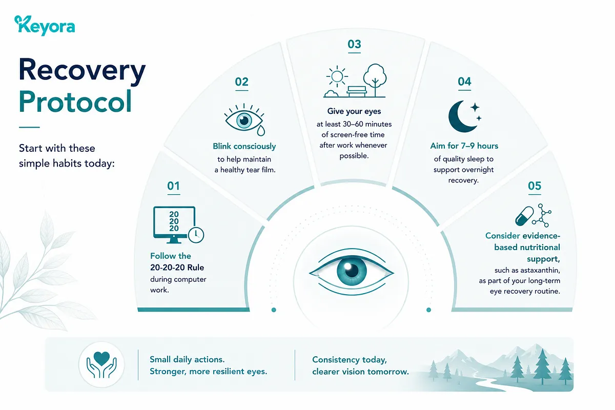 KEYORA semi-circular infographic titled "Recovery Protocol", outlining 5 core habits around a central eye illustration. The steps include: 01 Follow the 20-20-20 Rule during computer work, 02 Blink consciously to maintain a healthy tear film, 03 Give eyes 30–60 minutes of screen-free time after work, 04 Aim for 7–9 hours of quality sleep, and 05 Consider evidence-based nutritional support such as astaxanthin. KEYORA semi-circular infographic titled "Recovery Protocol", outlining 5 core habits around a central eye illustration. The steps include: 01 Follow the 20-20-20 Rule during computer work, 02 Blink consciously to maintain a healthy tear film, 03 Give eyes 30–60 minutes of screen-free time after work, 04 Aim for 7–9 hours of quality sleep, and 05 Consider evidence-based nutritional support such as astaxanthin.