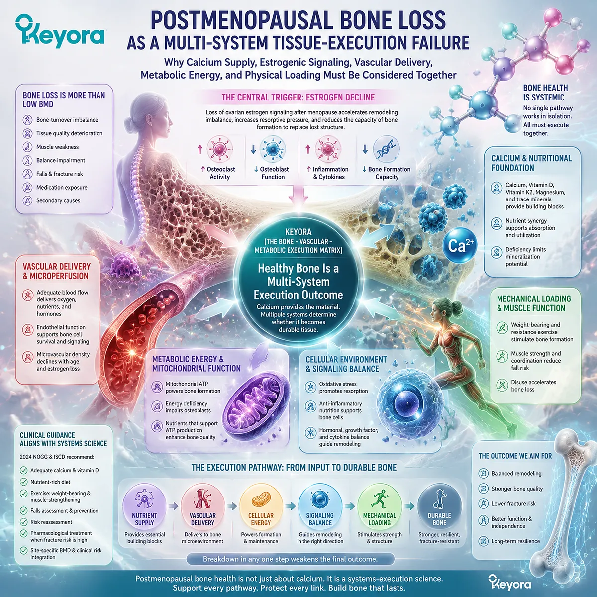 Postmenopausal bone loss involves calcium balance, estrogen signaling, vascular delivery, mitochondrial energy, and physical loading through Keyora Bone - Vascular - Metabolic Execution Matrix. Postmenopausal bone loss involves calcium balance, estrogen signaling, vascular delivery, mitochondrial energy, and physical loading through Keyora Bone - Vascular - Metabolic Execution Matrix.