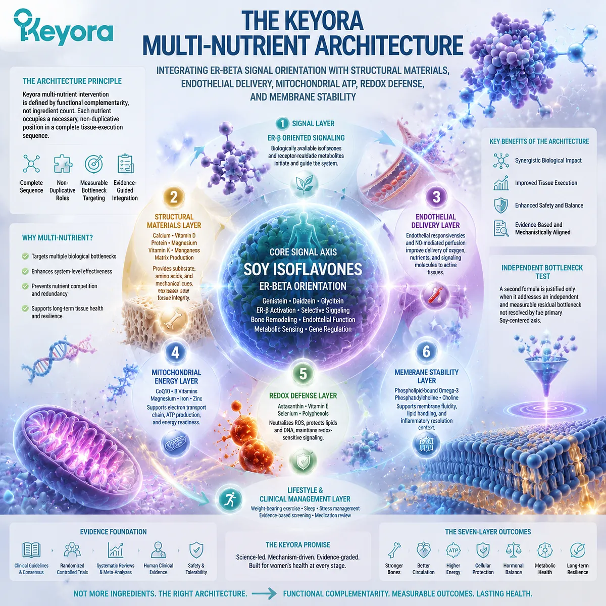 Soy isoflavones guide ER-beta signaling while calcium, vascular delivery, mitochondrial ATP, redox defense, and membrane stability integrate in Keyora Multi-Nutrient Architecture. Soy isoflavones guide ER-beta signaling while calcium, vascular delivery, mitochondrial ATP, redox defense, and membrane stability integrate in Keyora Multi-Nutrient Architecture.