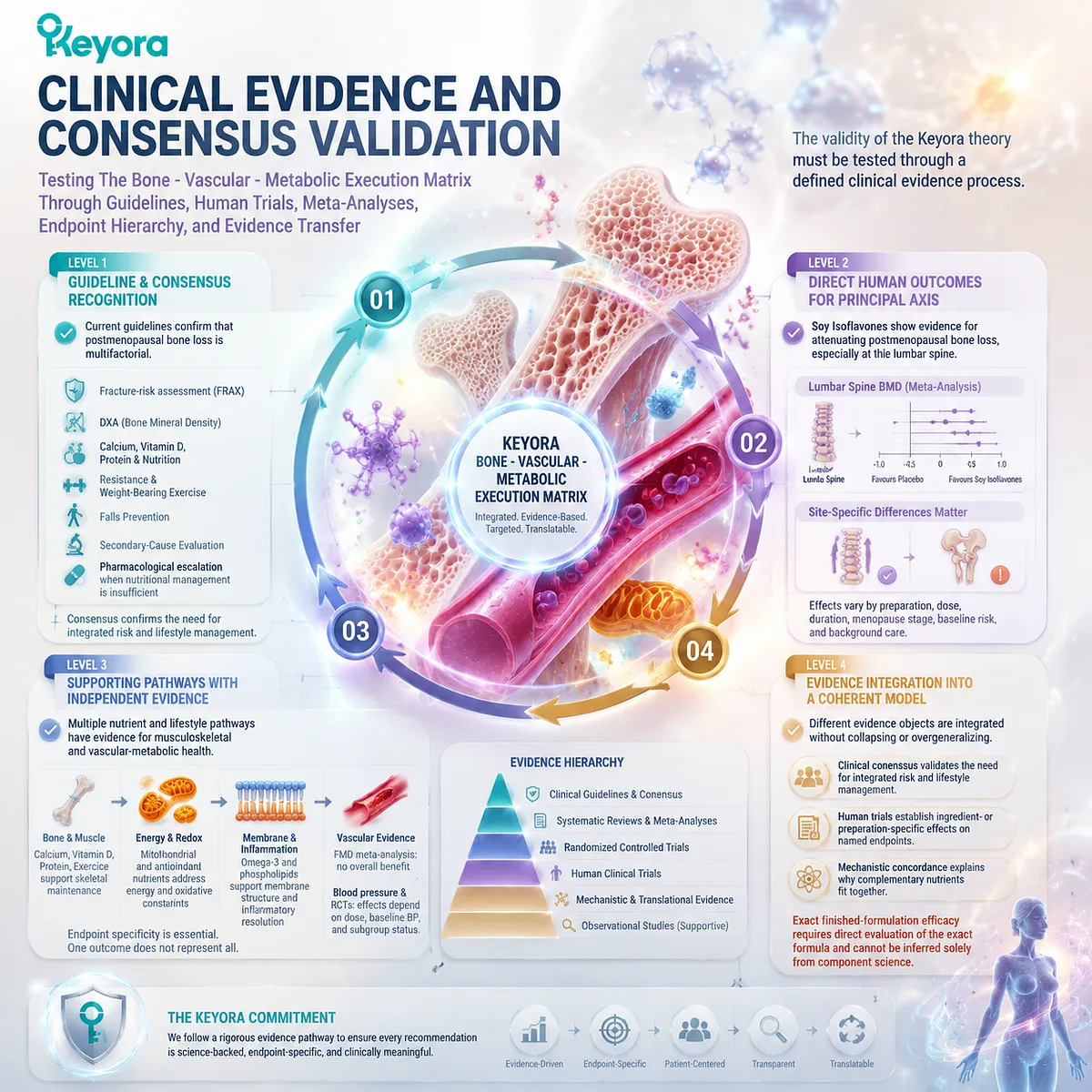 Postmenopausal bone evidence integrates guidelines, soy isoflavone trials, vascular endpoints, mitochondrial redox pathways, and Keyora Bone - Vascular - Metabolic Execution Matrix validation. Postmenopausal bone evidence integrates guidelines, soy isoflavone trials, vascular endpoints, mitochondrial redox pathways, and Keyora Bone - Vascular - Metabolic Execution Matrix validation.