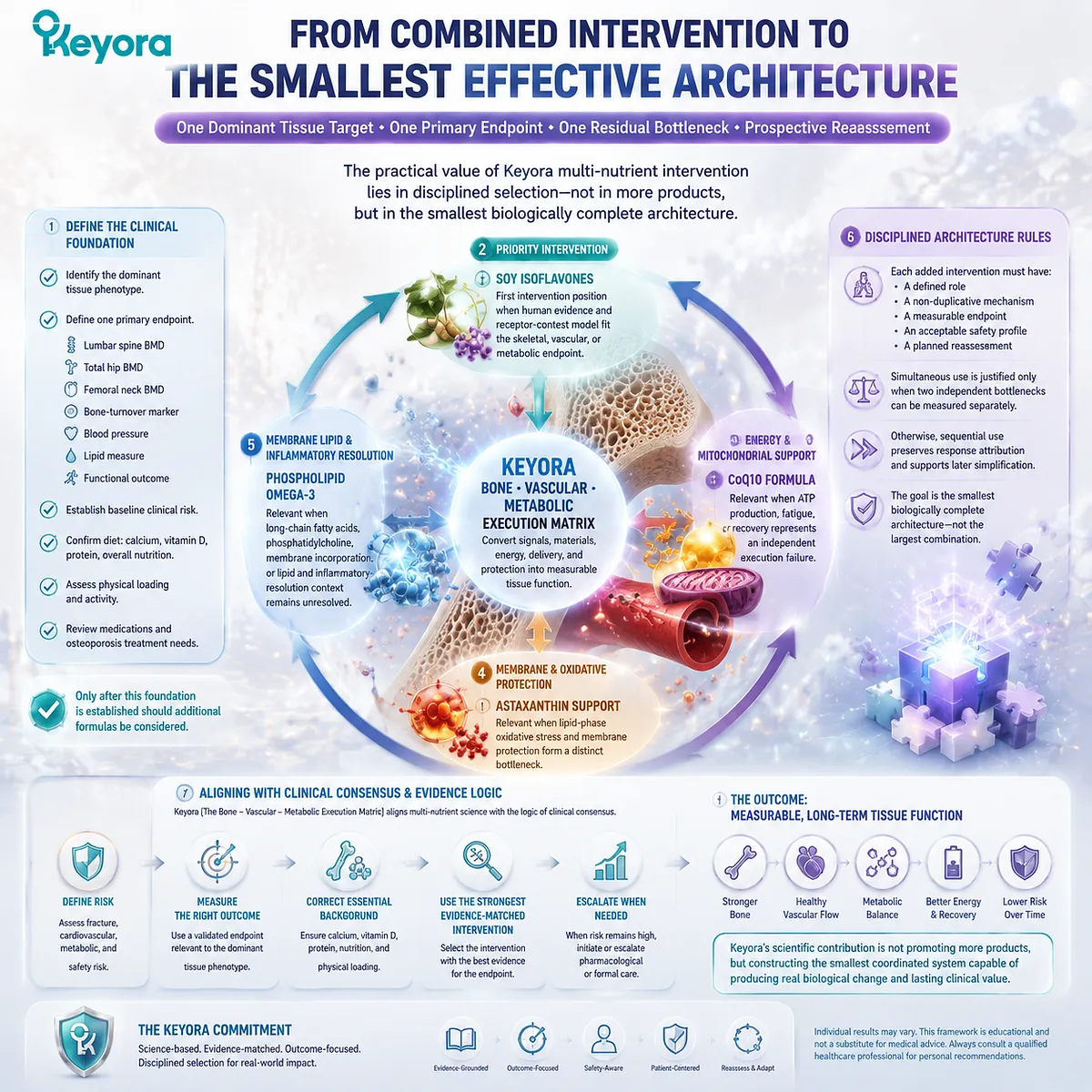 Postmenopausal bone support uses endpoint-driven nutrition design with soy isoflavones, CoQ10, astaxanthin, omega-3 pathways, and Keyora Bone - Vascular - Metabolic Execution Matrix. Postmenopausal bone support uses endpoint-driven nutrition design with soy isoflavones, CoQ10, astaxanthin, omega-3 pathways, and Keyora Bone - Vascular - Metabolic Execution Matrix.