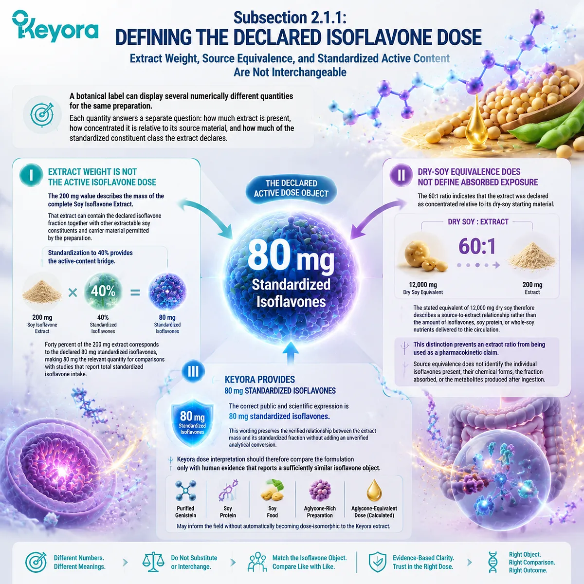 Soy isoflavone dose interpretation separates extract weight, dry-soy equivalence, and standardized isoflavones through Keyora Receptor-Readable Isoflavone Conversion Chain. Soy isoflavone dose interpretation separates extract weight, dry-soy equivalence, and standardized isoflavones through Keyora Receptor-Readable Isoflavone Conversion Chain.
