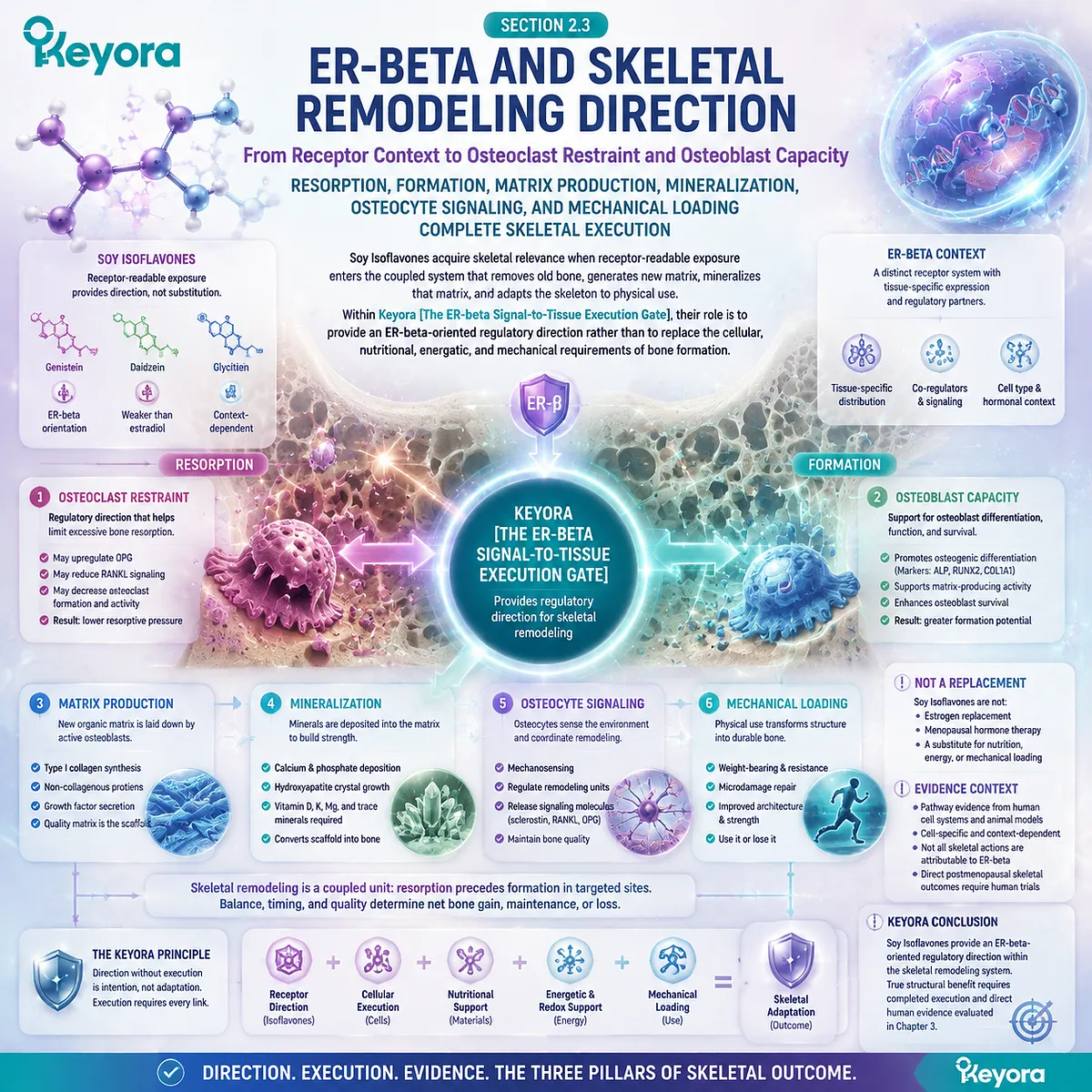 Soy isoflavones support bone health by guiding ER-beta signaling, osteoclast balance, and osteoblast remodeling direction through Keyora ER-beta Signal-to-Tissue Execution Gate. Soy isoflavones support bone health by guiding ER-beta signaling, osteoclast balance, and osteoblast remodeling direction through Keyora ER-beta Signal-to-Tissue Execution Gate.