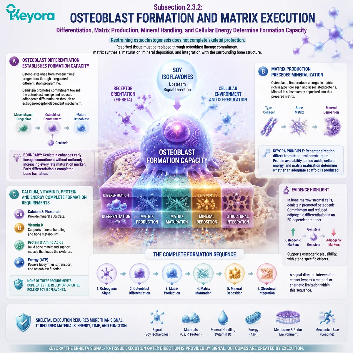 Soy isoflavones support bone health through ER-beta signaling, osteoblast differentiation, collagen matrix formation, and mineral execution via Keyora ER-beta Signal-to-Tissue Execution Gate. Soy isoflavones support bone health through ER-beta signaling, osteoblast differentiation, collagen matrix formation, and mineral execution via Keyora ER-beta Signal-to-Tissue Execution Gate.