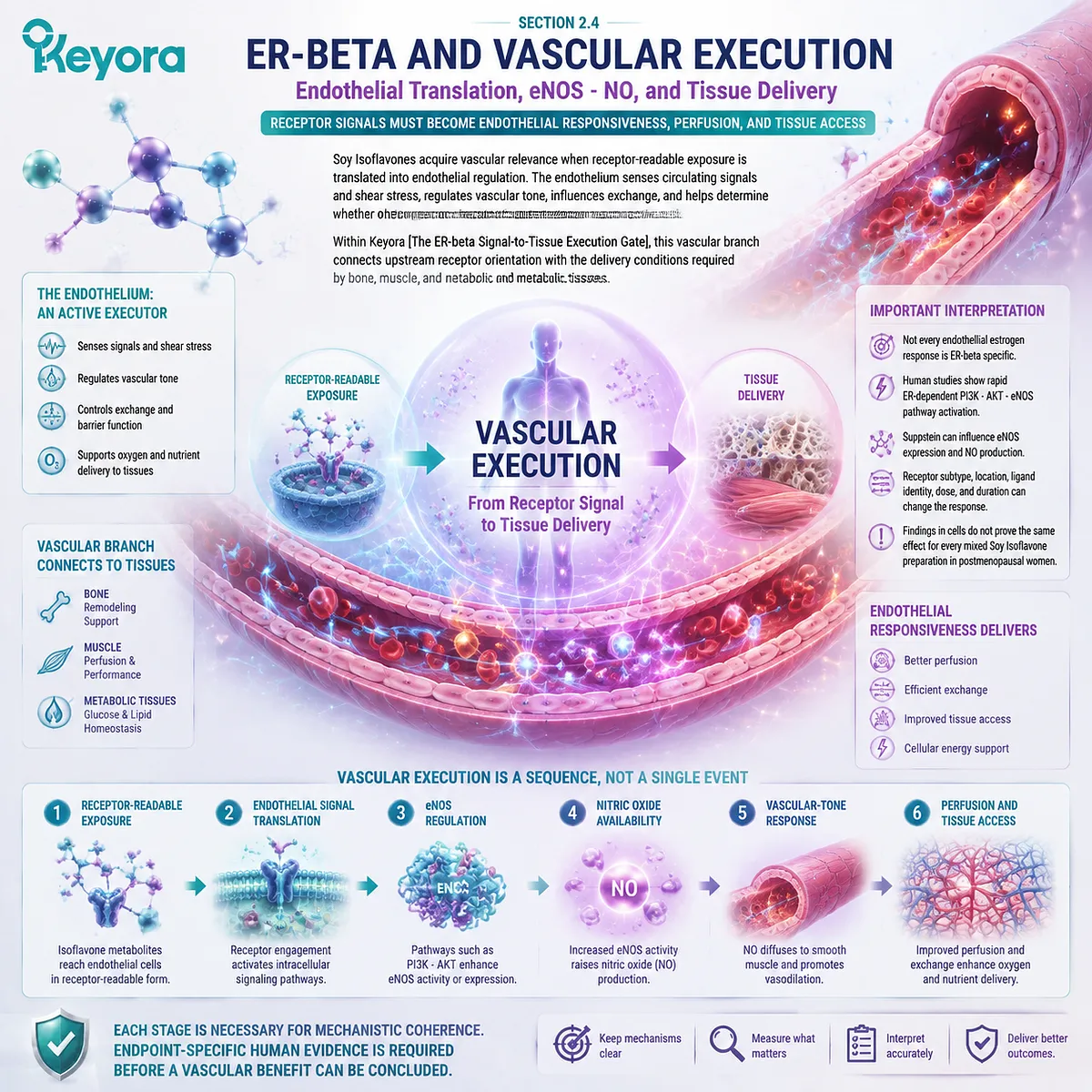 Soy isoflavones support vascular wellness through ER-beta signaling, endothelial eNOS-NO regulation, and perfusion pathways within Keyora ER-beta Signal-to-Tissue Execution Gate. Soy isoflavones support vascular wellness through ER-beta signaling, endothelial eNOS-NO regulation, and perfusion pathways within Keyora ER-beta Signal-to-Tissue Execution Gate.