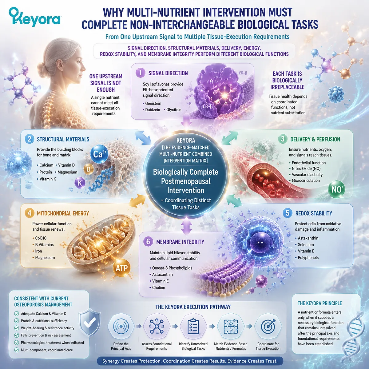 Postmenopausal bone wellness requires coordinated nutrient tasks with ER-β signaling, structural materials, tissue delivery, and Keyora Evidence-Matched Multi-Nutrient Combined Intervention Matrix. Postmenopausal bone wellness requires coordinated nutrient tasks with ER-β signaling, structural materials, tissue delivery, and Keyora Evidence-Matched Multi-Nutrient Combined Intervention Matrix.