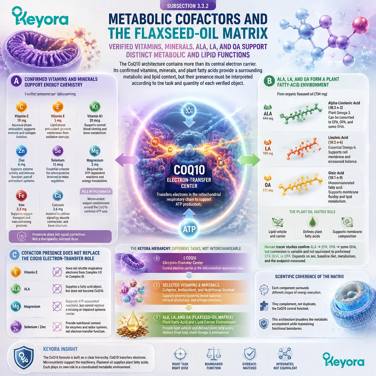 CoQ10 supports mitochondrial ATP with verified cofactors and flaxseed fatty acids, separating electron transfer, redox context, and lipid function in Keyora Evidence-Matched Matrix. CoQ10 supports mitochondrial ATP with verified cofactors and flaxseed fatty acids, separating electron transfer, redox context, and lipid function in Keyora Evidence-Matched Matrix.