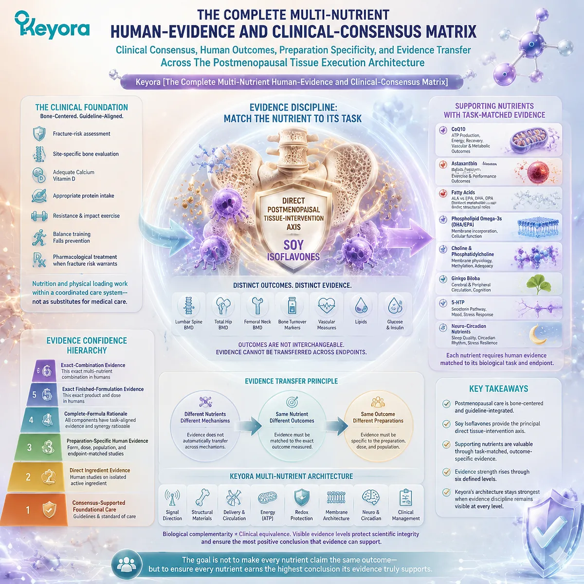 Postmenopausal bone health nutrition uses Calcium, Vitamin D, soy isoflavones and multi-nutrient evidence mapping through clinical consensus, preparation specificity and Keyora Complete Multi-Nutrient Human-Evidence Matrix. Postmenopausal bone health nutrition uses Calcium, Vitamin D, soy isoflavones and multi-nutrient evidence mapping through clinical consensus, preparation specificity and Keyora Complete Multi-Nutrient Human-Evidence Matrix.