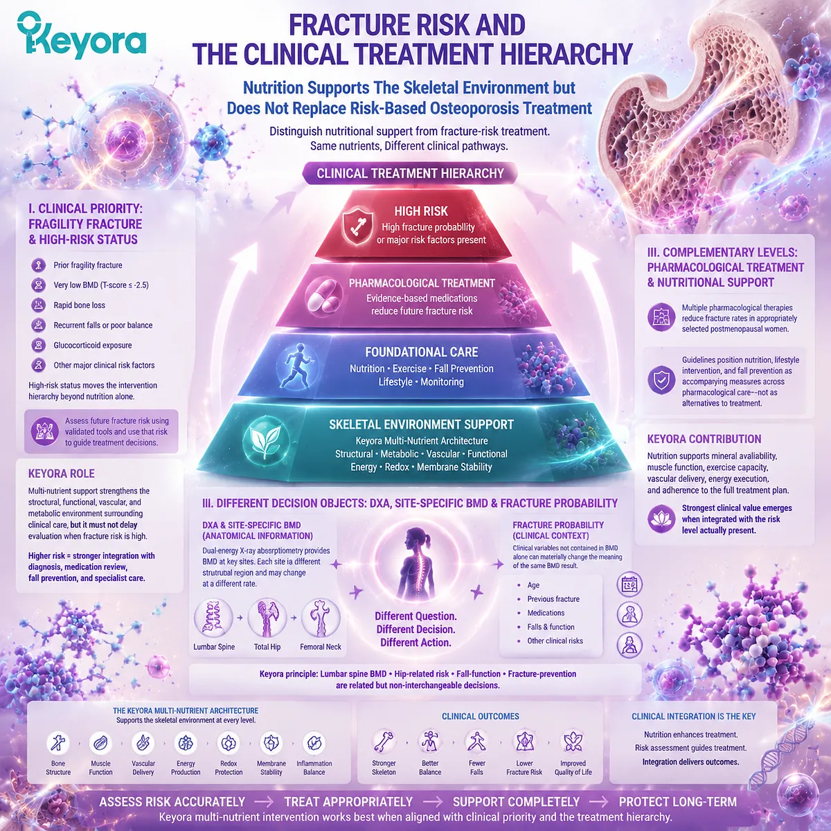 Postmenopausal osteoporosis care links fracture risk, DXA bone density, nutrition and treatment hierarchy through clinical assessment, with Keyora Complete Multi-Nutrient Human-Evidence Matrix guiding evidence boundaries. Postmenopausal osteoporosis care links fracture risk, DXA bone density, nutrition and treatment hierarchy through clinical assessment, with Keyora Complete Multi-Nutrient Human-Evidence Matrix guiding evidence boundaries.