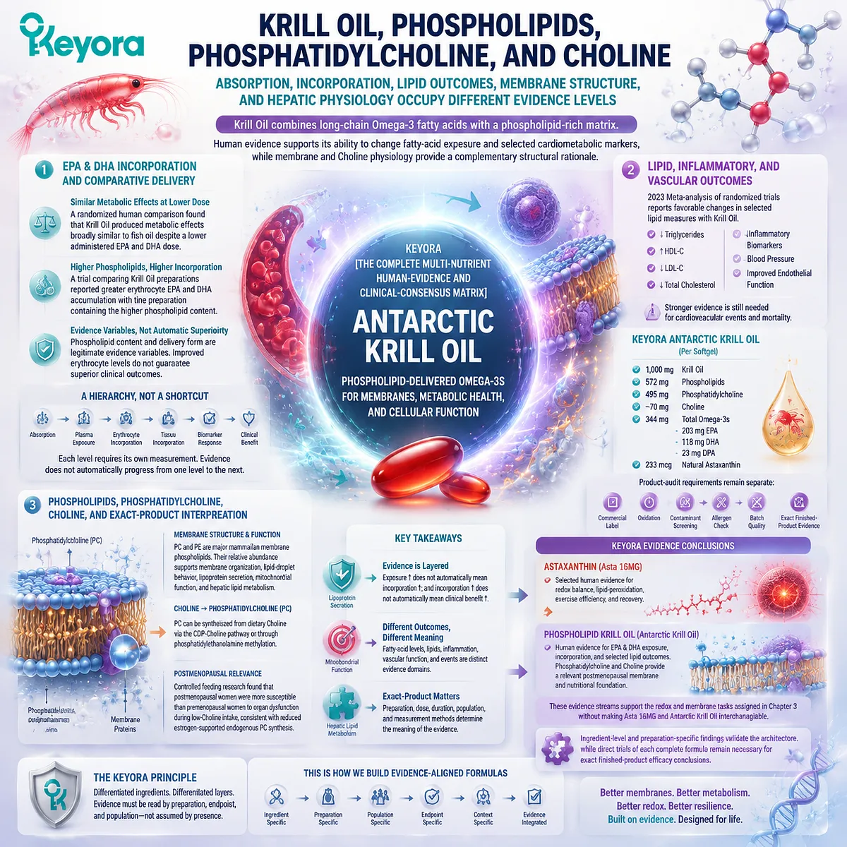 Krill Oil supports membrane health through phospholipid Omega-3, EPA DHA incorporation, phosphatidylcholine and Choline pathways within the Keyora Complete Multi-Nutrient Human-Evidence Matrix. Krill Oil supports membrane health through phospholipid Omega-3, EPA DHA incorporation, phosphatidylcholine and Choline pathways within the Keyora Complete Multi-Nutrient Human-Evidence Matrix.