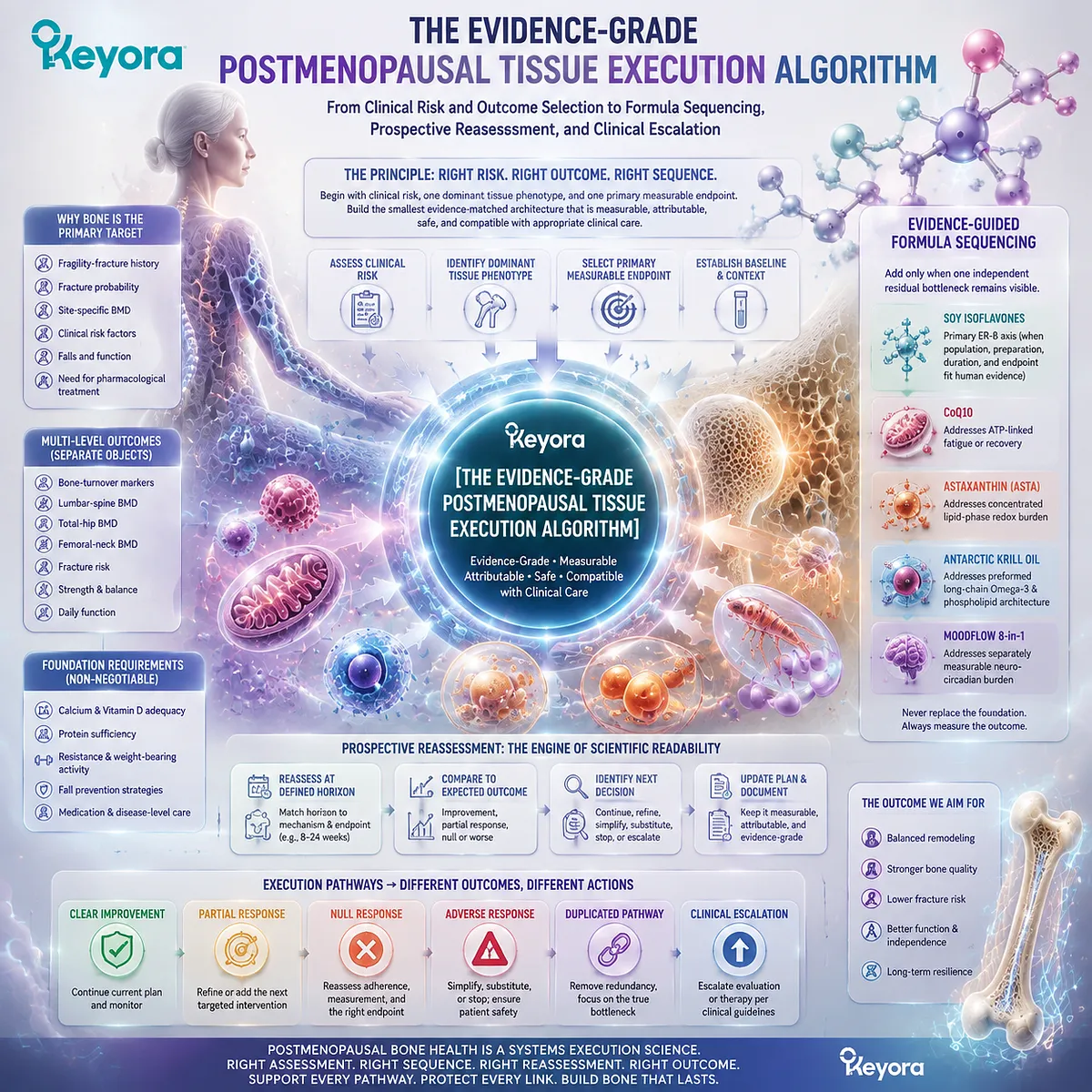Postmenopausal bone health and tissue support follow risk-based sequencing with BMD, fracture risk, ER-β signaling, and Keyora Evidence-Grade Postmenopausal Tissue Execution Algorithm. Postmenopausal bone health and tissue support follow risk-based sequencing with BMD, fracture risk, ER-β signaling, and Keyora Evidence-Grade Postmenopausal Tissue Execution Algorithm.
