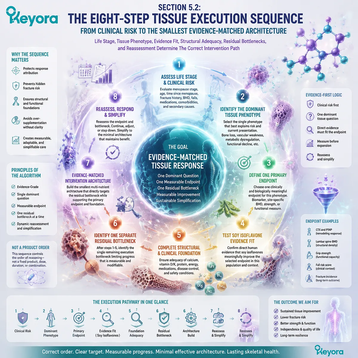 Postmenopausal tissue support follows an eight-step evidence sequence from clinical risk to soy isoflavone fit, endpoints, and residual bottlenecks in Keyora Execution Algorithm. Postmenopausal tissue support follows an eight-step evidence sequence from clinical risk to soy isoflavone fit, endpoints, and residual bottlenecks in Keyora Execution Algorithm.
