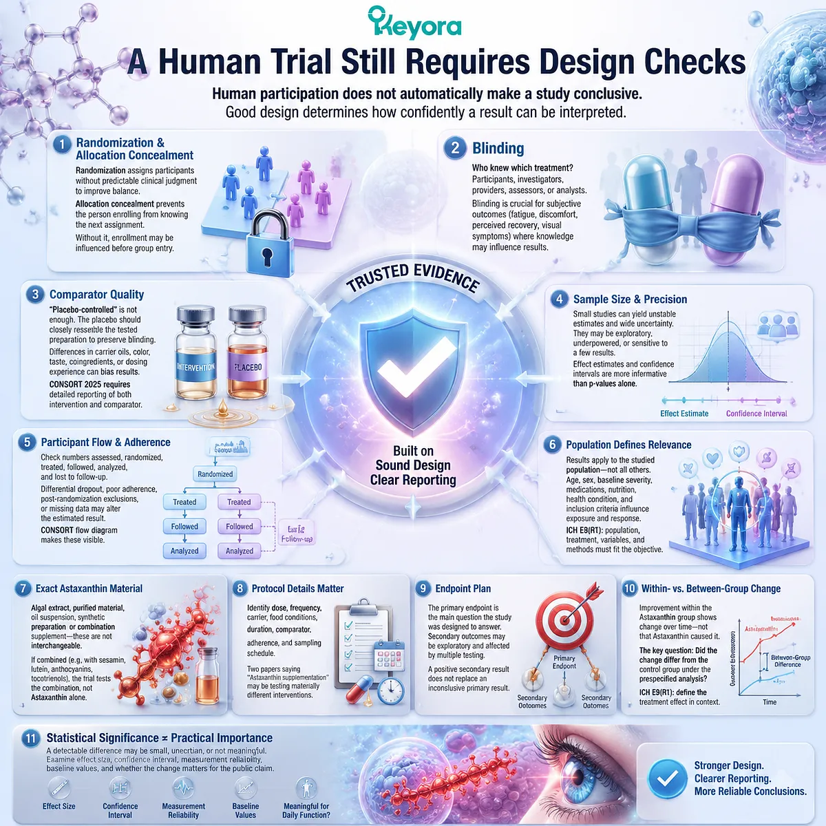Astaxanthin human trial quality framework showing randomization, blinding, placebo control, endpoints, and evidence checks through the Keyora Astaxanthin Matrix Astaxanthin human trial quality framework showing randomization, blinding, placebo control, endpoints, and evidence checks through the Keyora Astaxanthin Matrix