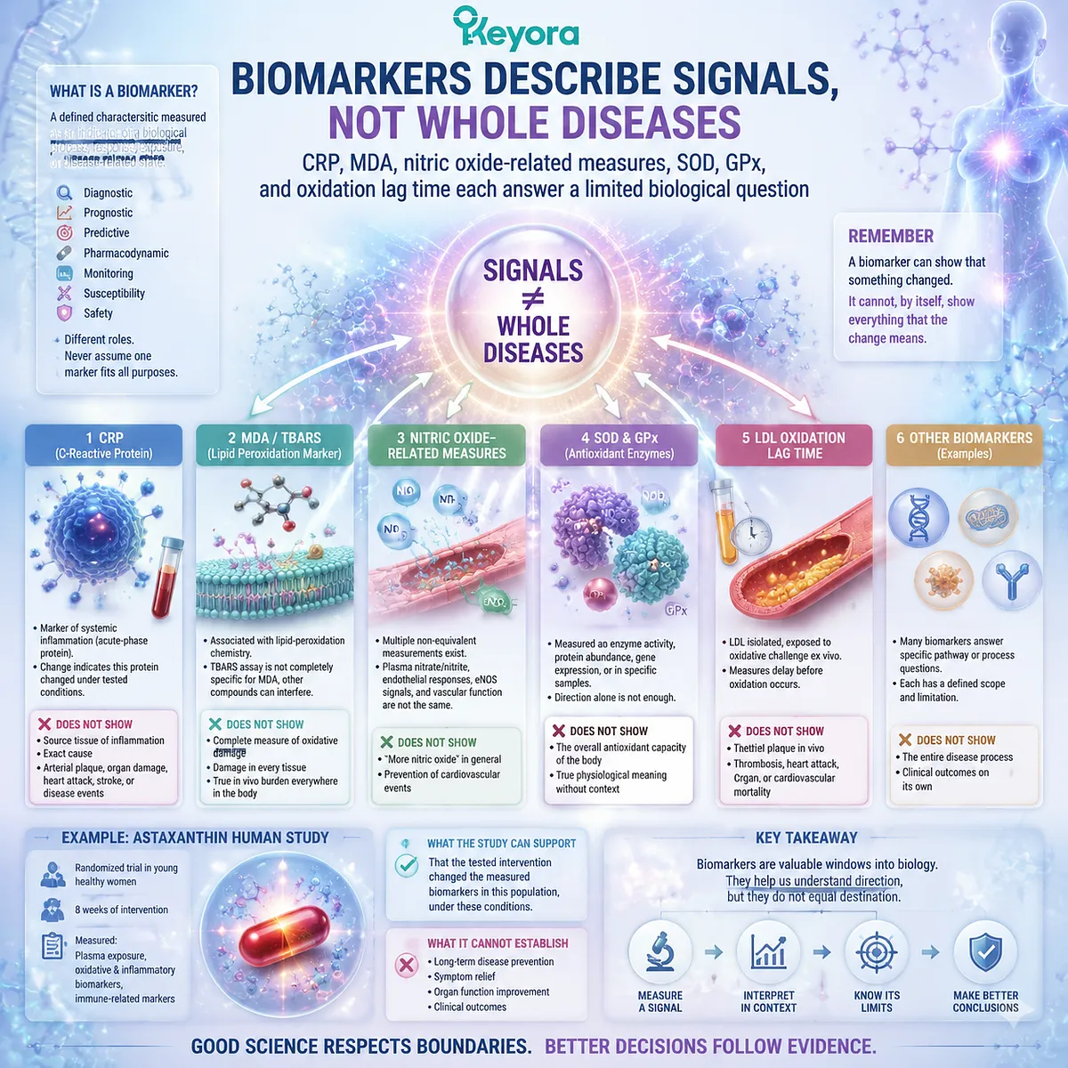 Astaxanthin biomarker interpretation framework showing CRP, MDA, nitric oxide, SOD, GPx, and oxidation markers with Keyora Astaxanthin Matrix evidence boundaries Astaxanthin biomarker interpretation framework showing CRP, MDA, nitric oxide, SOD, GPx, and oxidation markers with Keyora Astaxanthin Matrix evidence boundaries
