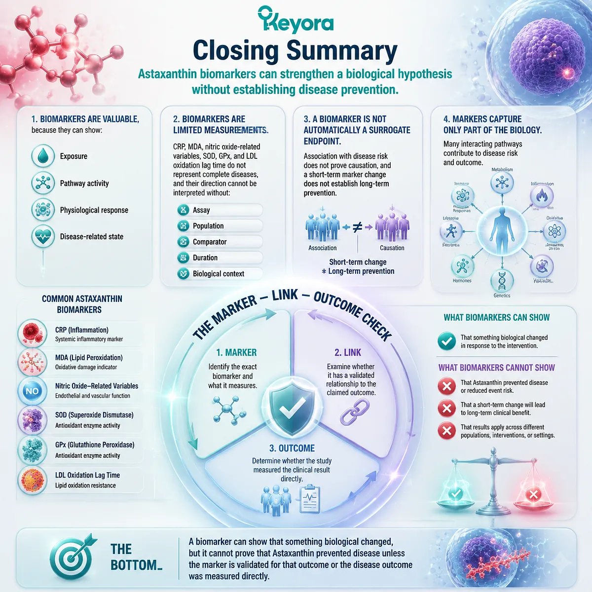 Astaxanthin biomarker evidence summary showing Marker Link Outcome Check, oxidative stress signals, surrogate limits, and Keyora Astaxanthin Matrix interpretation framework Astaxanthin biomarker evidence summary showing Marker Link Outcome Check, oxidative stress signals, surrogate limits, and Keyora Astaxanthin Matrix interpretation framework