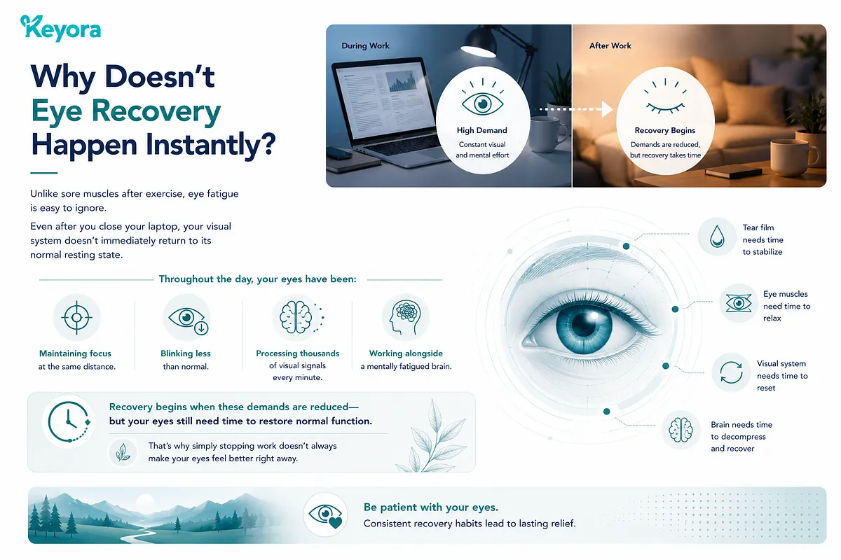 KEYORA diagram titled "Why Doesn't Eye Recovery Happen Instantly?", contrasting high visual demands during work with after-work relaxation. It illustrates physiological factors requiring recovery time: tear film stabilization, eye muscle relaxation, visual system resets, and brain decompression. KEYORA diagram titled "Why Doesn't Eye Recovery Happen Instantly?", contrasting high visual demands during work with after-work relaxation. It illustrates physiological factors requiring recovery time: tear film stabilization, eye muscle relaxation, visual system resets, and brain decompression.