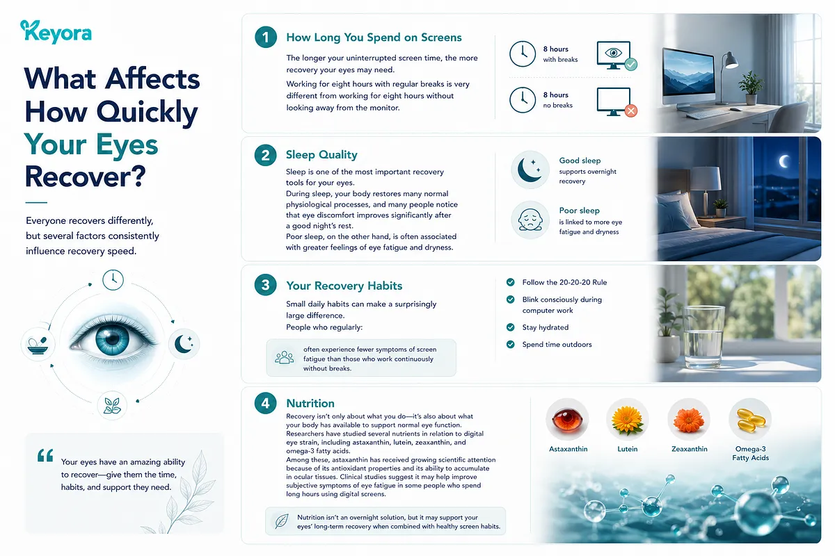 KEYORA infographic detailing "What Affects How Quickly Your Eyes Recover?", outlining four core factors: uninterrupted screen time duration, sleep quality, daily recovery habits (20-20-20 rule, blinking, hydration), and targeted nutrition like astaxanthin, lutein, zeaxanthin, and omega-3s. KEYORA infographic detailing "What Affects How Quickly Your Eyes Recover?", outlining four core factors: uninterrupted screen time duration, sleep quality, daily recovery habits (20-20-20 rule, blinking, hydration), and targeted nutrition like astaxanthin, lutein, zeaxanthin, and omega-3s.