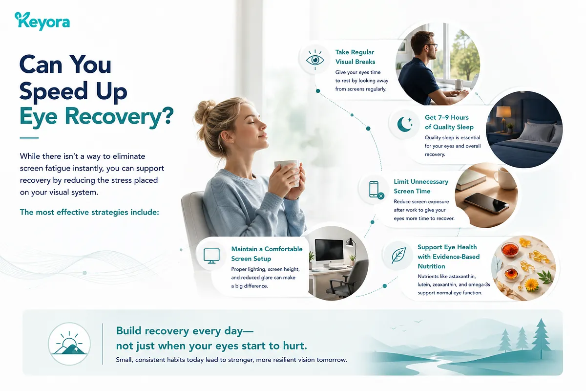 KEYORA guide titled "Can You Speed Up Eye Recovery?", featuring a woman enjoying a warm drink. Circular icons highlight five effective strategies: taking regular visual breaks, getting 7–9 hours of sleep, limiting post-work screen time, maintaining ergonomic screen setups, and taking evidence-based nutrients. KEYORA guide titled "Can You Speed Up Eye Recovery?", featuring a woman enjoying a warm drink. Circular icons highlight five effective strategies: taking regular visual breaks, getting 7–9 hours of sleep, limiting post-work screen time, maintaining ergonomic screen setups, and taking evidence-based nutrients.