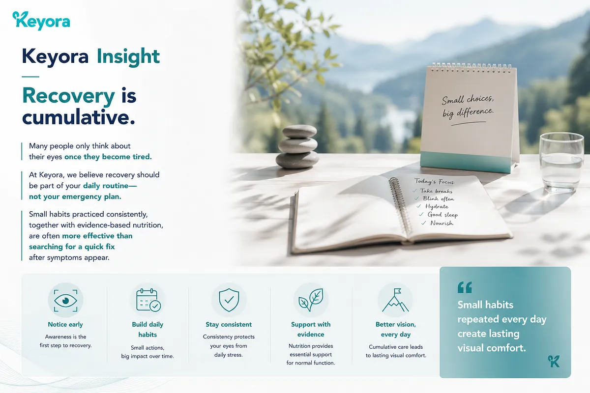 KEYORA summary slide titled "Keyora Insight: Recovery is cumulative", set against a scenic nature background with an open planner listing daily habits (breaks, blinking, hydration, sleep, nutrition). It presents a five-step recovery mindset: notice early, build daily habits, stay consistent, support with evidence-based nutrition, and achieve better vision daily. KEYORA summary slide titled "Keyora Insight: Recovery is cumulative", set against a scenic nature background with an open planner listing daily habits (breaks, blinking, hydration, sleep, nutrition). It presents a five-step recovery mindset: notice early, build daily habits, stay consistent, support with evidence-based nutrition, and achieve better vision daily.