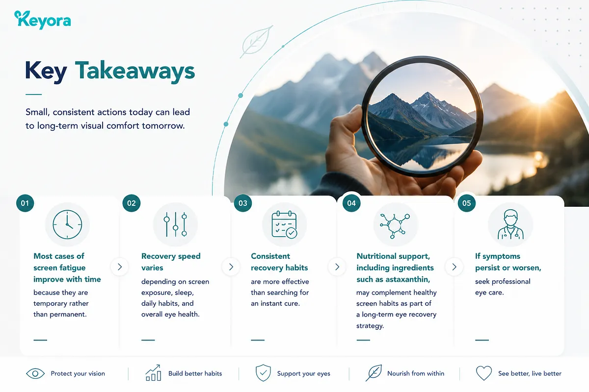 KEYORA summary slide titled "Key Takeaways", featuring a hand holding a magnifying lens framing a mountain landscape. It highlights five key rules: screen fatigue is temporary, recovery speed varies, consistent habits beat quick fixes, nutrition like astaxanthin supports habits, and to seek professional care if symptoms persist. KEYORA summary slide titled "Key Takeaways", featuring a hand holding a magnifying lens framing a mountain landscape. It highlights five key rules: screen fatigue is temporary, recovery speed varies, consistent habits beat quick fixes, nutrition like astaxanthin supports habits, and to seek professional care if symptoms persist.