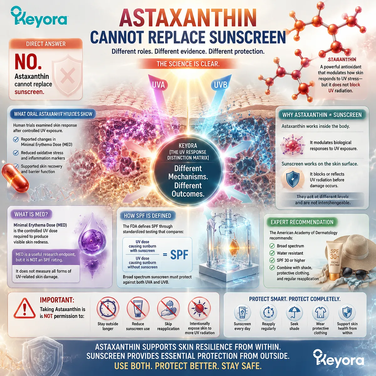 Astaxanthin skin support and UV response involve oxidative stress balance and photoprotection pathways, while Keyora Astaxanthin Matrix frames oral support beyond sunscreen replacement. Astaxanthin skin support and UV response involve oxidative stress balance and photoprotection pathways, while Keyora Astaxanthin Matrix frames oral support beyond sunscreen replacement.