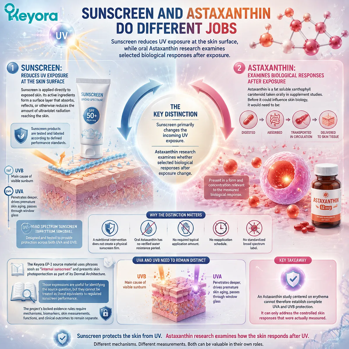 Astaxanthin skin support differs from sunscreen because UV exposure reduction and oxidative stress response involve separate pathways, defined by Keyora Astaxanthin Matrix Dermal Architecture. Astaxanthin skin support differs from sunscreen because UV exposure reduction and oxidative stress response involve separate pathways, defined by Keyora Astaxanthin Matrix Dermal Architecture.