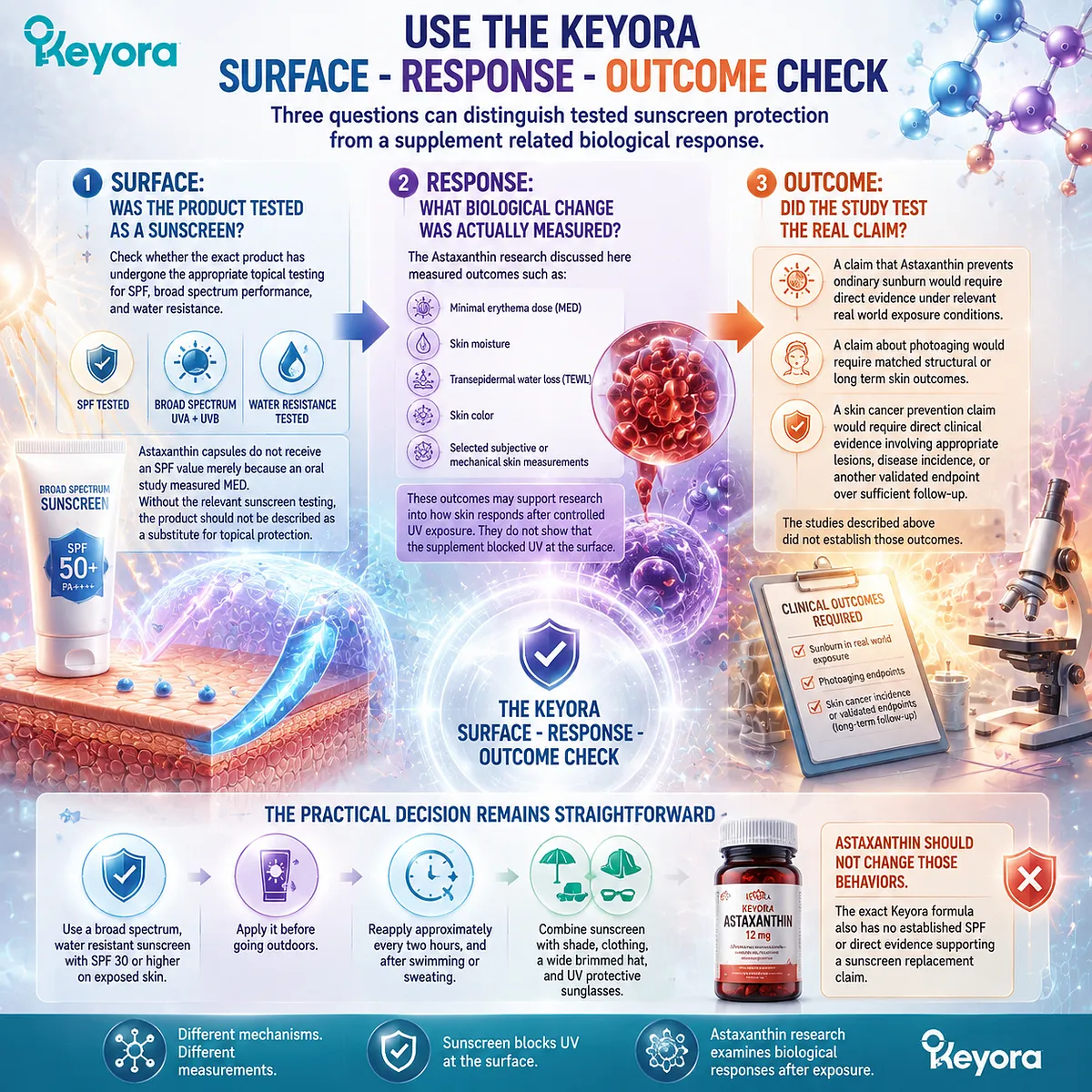 Astaxanthin skin protection claims require Surface Response Outcome analysis, separating UV response biomarkers from sunscreen testing through Keyora Astaxanthin Matrix. Astaxanthin skin protection claims require Surface Response Outcome analysis, separating UV response biomarkers from sunscreen testing through Keyora Astaxanthin Matrix.