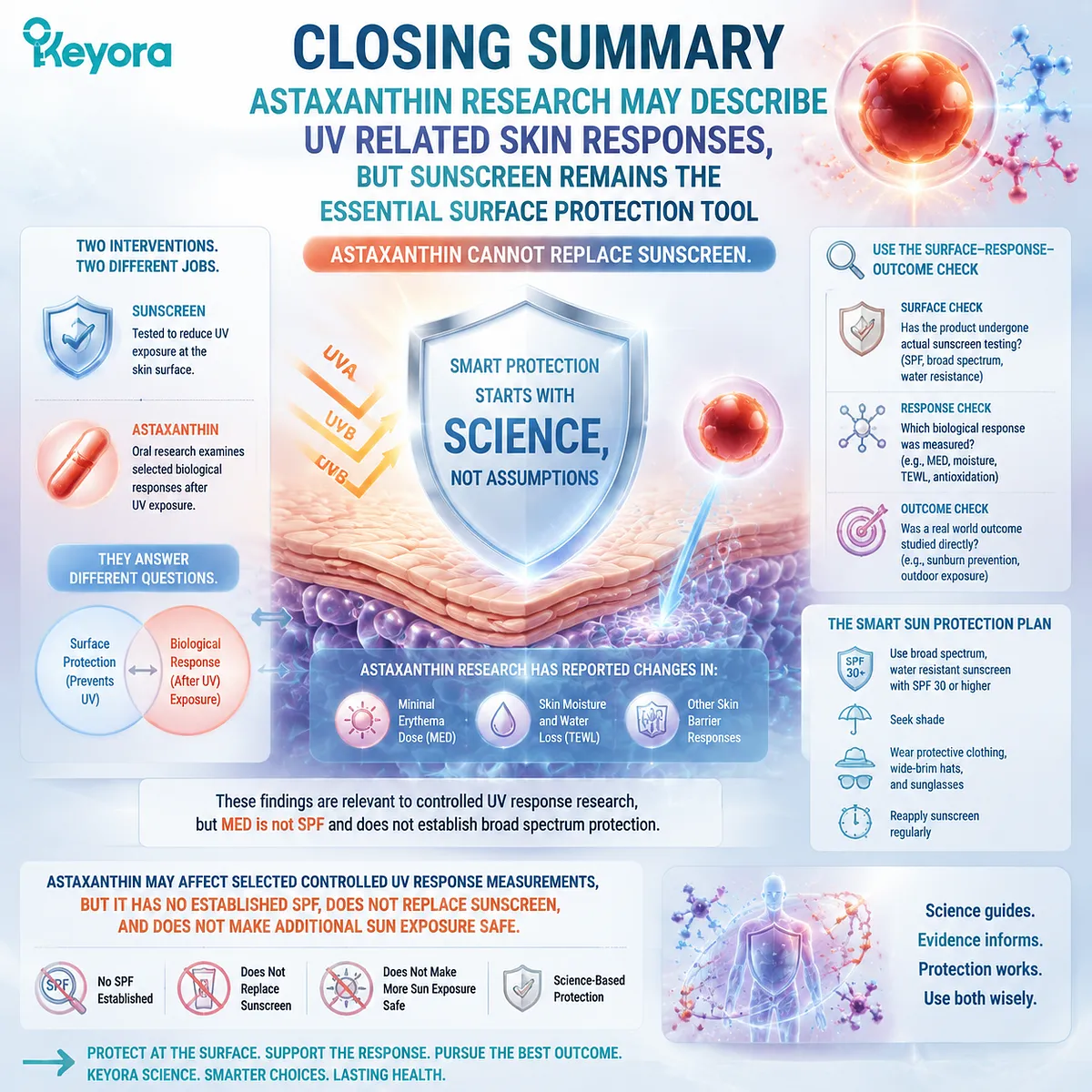 Astaxanthin UV research shows selected skin response changes but not SPF protection, with Keyora Astaxanthin Matrix using Surface Response Outcome Check for evidence interpretation. Astaxanthin UV research shows selected skin response changes but not SPF protection, with Keyora Astaxanthin Matrix using Surface Response Outcome Check for evidence interpretation.