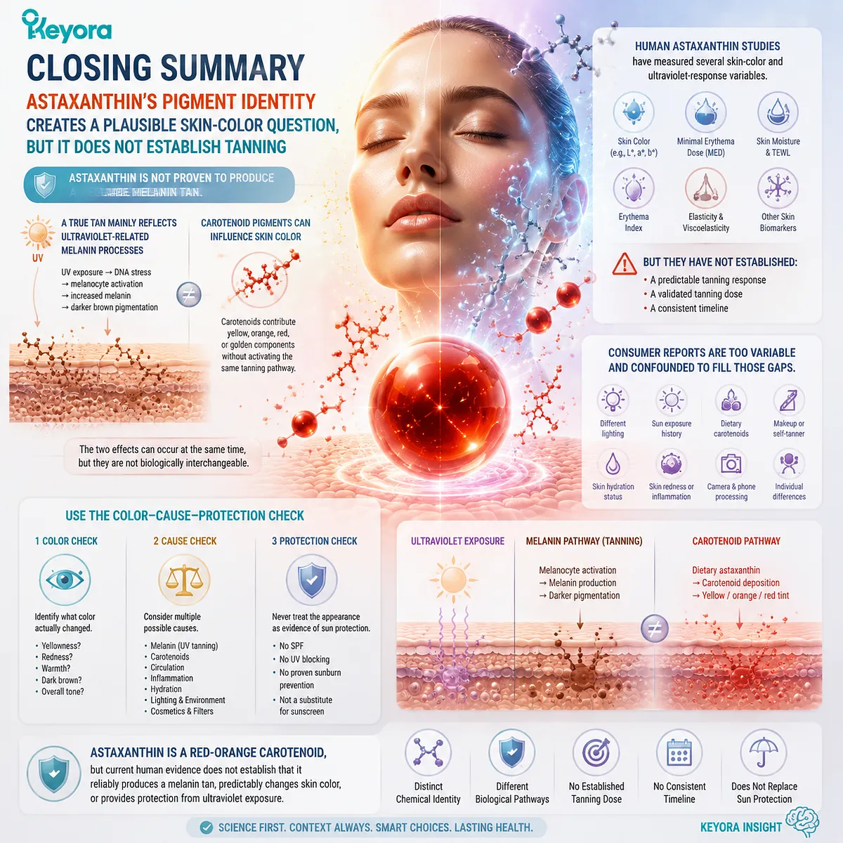 Astaxanthin skin color effects involve carotenoid pigment pathways rather than proven melanin tanning, with Keyora Astaxanthin Matrix applying Color Cause Protection analysis. Astaxanthin skin color effects involve carotenoid pigment pathways rather than proven melanin tanning, with Keyora Astaxanthin Matrix applying Color Cause Protection analysis.