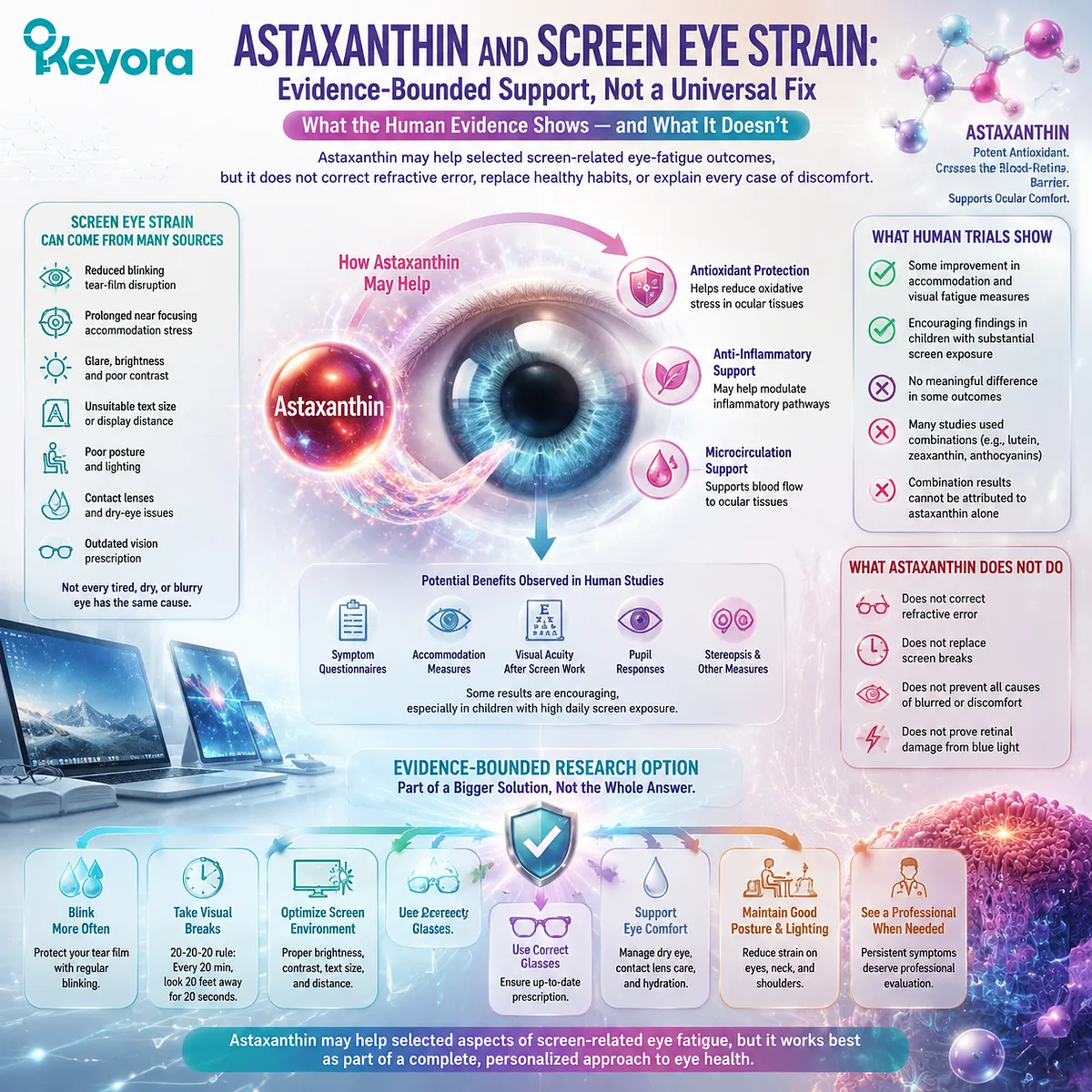 Astaxanthin supports screen eye strain research through retinal oxidative stress balance, visual fatigue pathways, and eye comfort evaluation within the Keyora Astaxanthin Matrix. Astaxanthin supports screen eye strain research through retinal oxidative stress balance, visual fatigue pathways, and eye comfort evaluation within the Keyora Astaxanthin Matrix.