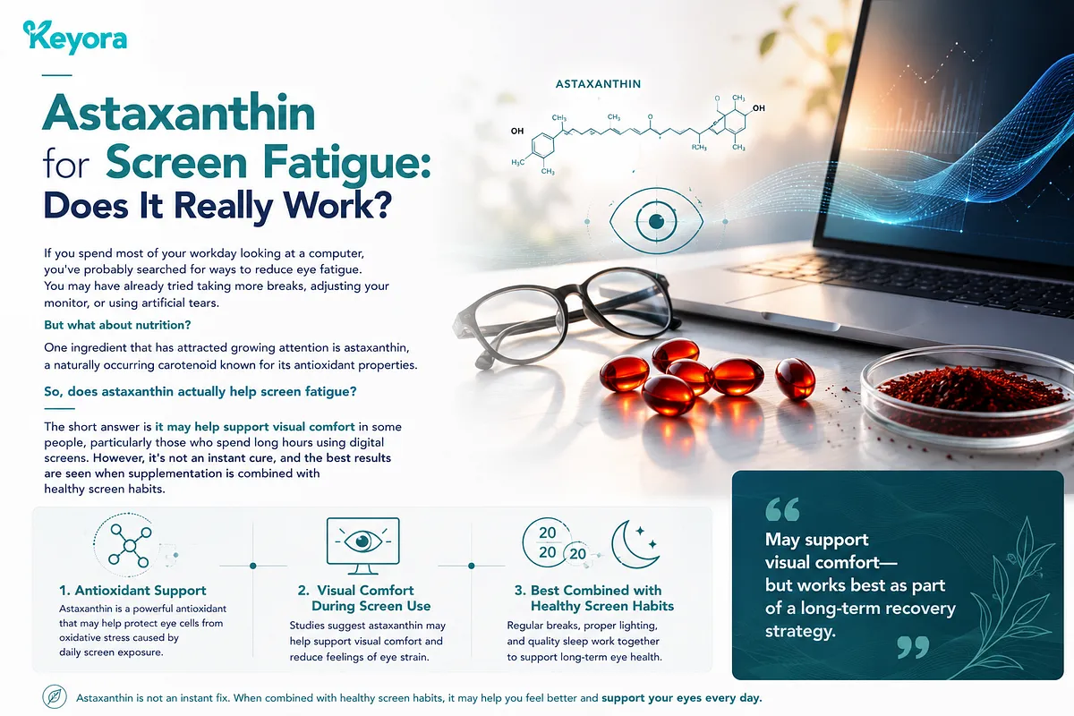 KEYORA infographic titled "Astaxanthin for Screen Fatigue: Does It Really Work?", displaying an aesthetic desk setting with a laptop, eyeglasses, red astaxanthin softgels, and astaxanthin powder. It highlights that astaxanthin provides antioxidant support and helps improve visual comfort during prolonged screen use when combined with healthy habits like the 20-20-20 rule. KEYORA infographic titled "Astaxanthin for Screen Fatigue: Does It Really Work?", displaying an aesthetic desk setting with a laptop, eyeglasses, red astaxanthin softgels, and astaxanthin powder. It highlights that astaxanthin provides antioxidant support and helps improve visual comfort during prolonged screen use when combined with healthy habits like the 20-20-20 rule.