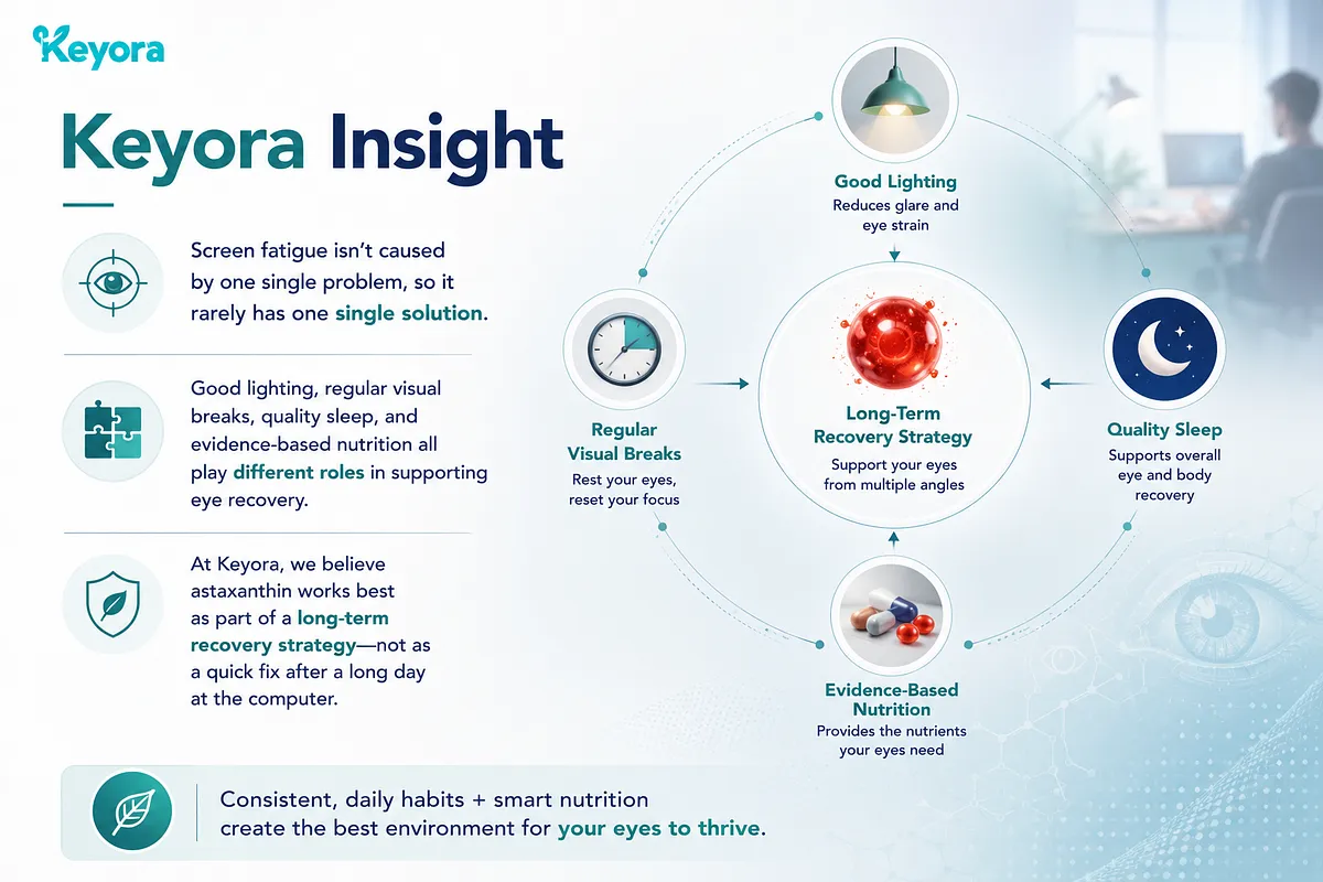 KEYORA holistic framework slide titled "Keyora Insight", presenting a long-term eye recovery strategy combining four interconnected pillars: Good Lighting, Regular Visual Breaks, Quality Sleep, and Evidence-Based Nutrition like astaxanthin. KEYORA holistic framework slide titled "Keyora Insight", presenting a long-term eye recovery strategy combining four interconnected pillars: Good Lighting, Regular Visual Breaks, Quality Sleep, and Evidence-Based Nutrition like astaxanthin.
