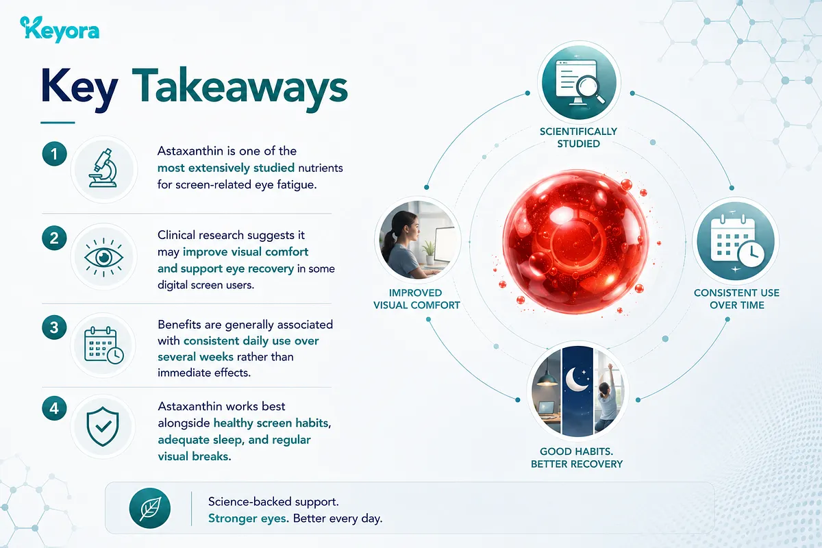 KEYORA summary slide titled "Key Takeaways", featuring four core points paired with a central red astaxanthin graphic: scientifically studied nutrient, improved visual comfort, consistent daily use over weeks, and pairing with healthy screen habits for optimal recovery. KEYORA summary slide titled "Key Takeaways", featuring four core points paired with a central red astaxanthin graphic: scientifically studied nutrient, improved visual comfort, consistent daily use over weeks, and pairing with healthy screen habits for optimal recovery.
