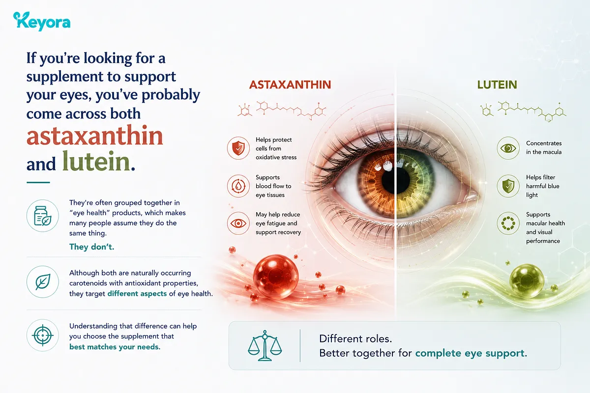 KEYORA infographic titled "Astaxanthin vs. Lutein", featuring a split-view human eye. The red side illustrates Astaxanthin's benefits (protecting cells from oxidative stress, supporting blood flow, reducing eye fatigue), while the green side highlights Lutein's roles (concentrating in the macula, filtering harmful blue light, supporting macular health and visual performance). KEYORA infographic titled "Astaxanthin vs. Lutein", featuring a split-view human eye. The red side illustrates Astaxanthin's benefits (protecting cells from oxidative stress, supporting blood flow, reducing eye fatigue), while the green side highlights Lutein's roles (concentrating in the macula, filtering harmful blue light, supporting macular health and visual performance).