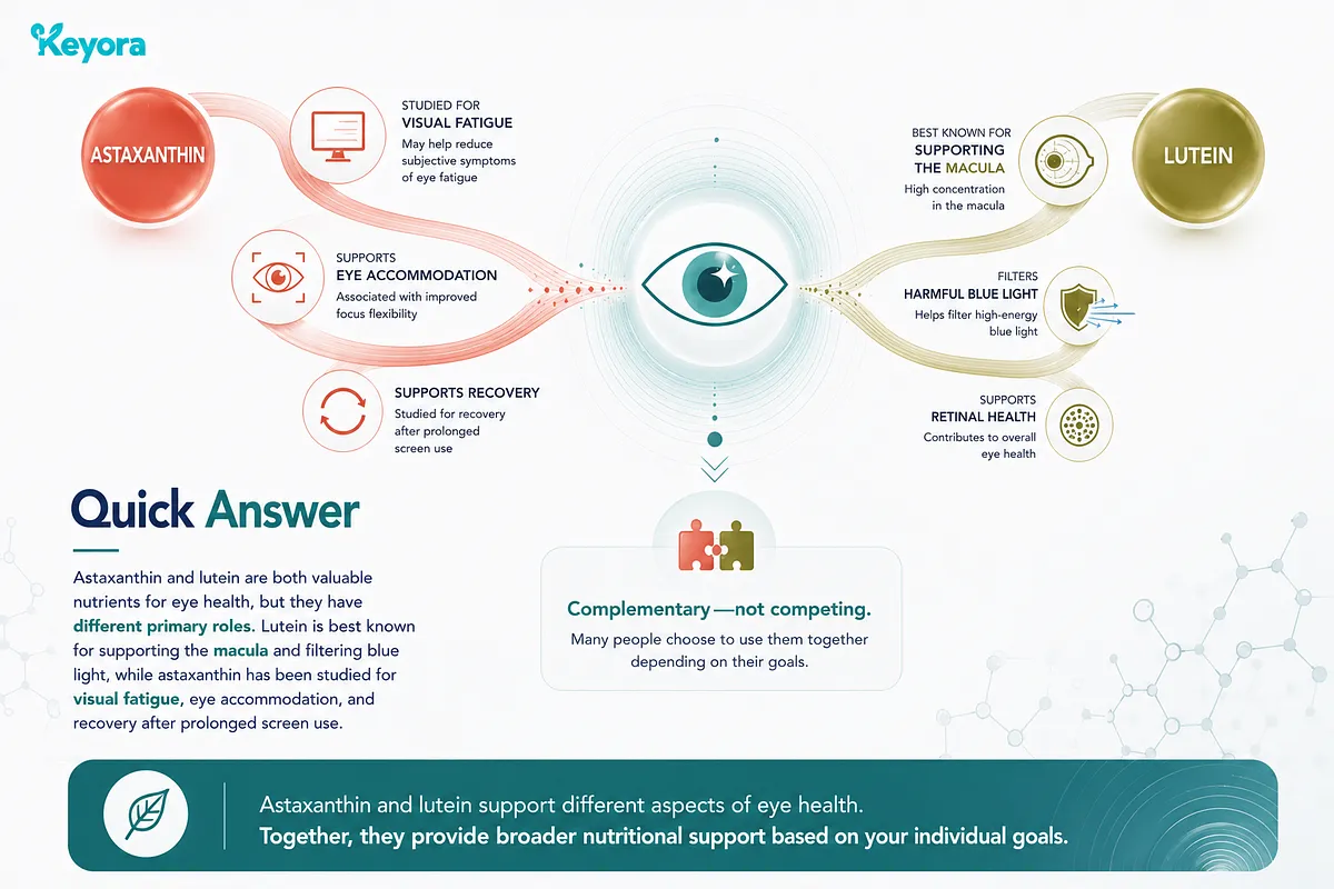 KEYORA summary graphic titled "Quick Answer", demonstrating how Astaxanthin and Lutein work in synergy. Astaxanthin is highlighted for visual fatigue, eye accommodation, and recovery after screen time, while Lutein is shown supporting the macula, filtering blue light, and promoting retinal health. KEYORA summary graphic titled "Quick Answer", demonstrating how Astaxanthin and Lutein work in synergy. Astaxanthin is highlighted for visual fatigue, eye accommodation, and recovery after screen time, while Lutein is shown supporting the macula, filtering blue light, and promoting retinal health.