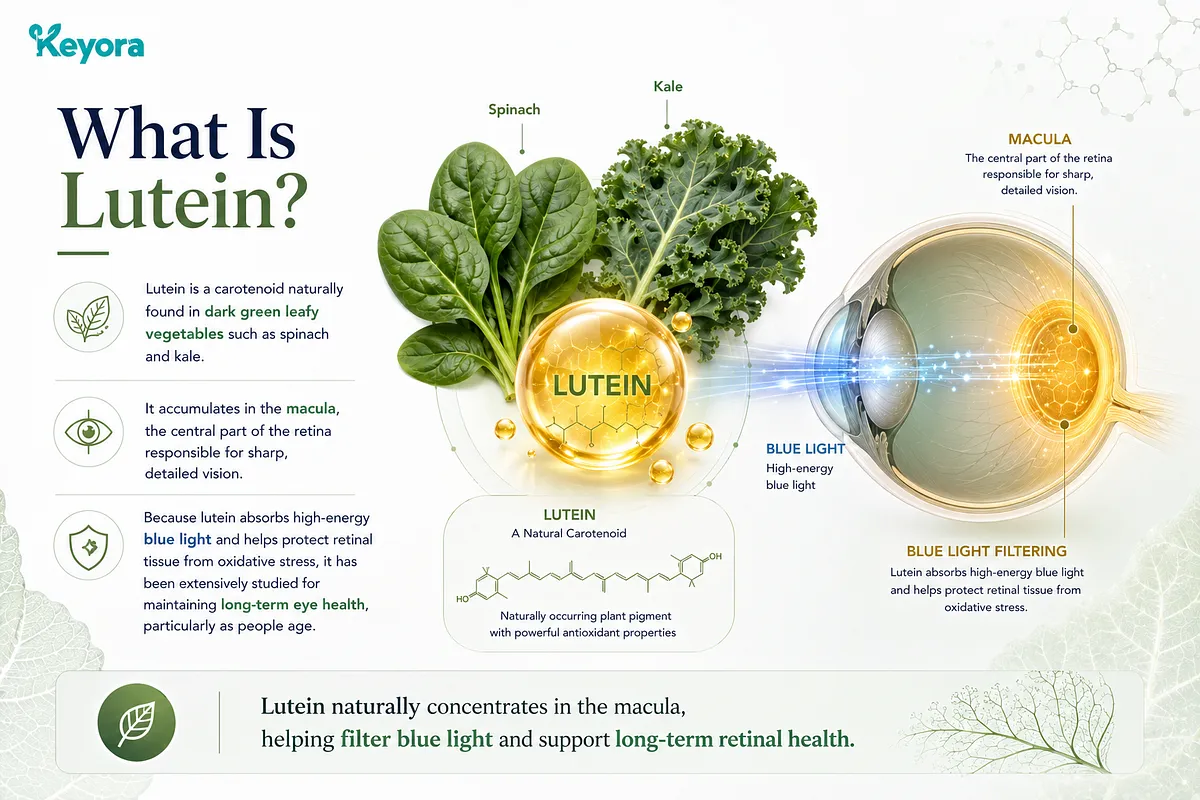 KEYORA educational diagram titled "What Is Lutein?", showcasing dark leafy greens like spinach and kale alongside an eye anatomy illustration. The graphic explains how Lutein concentrates in the macula to absorb high-energy blue light and protect retinal tissue from oxidative stress. KEYORA educational diagram titled "What Is Lutein?", showcasing dark leafy greens like spinach and kale alongside an eye anatomy illustration. The graphic explains how Lutein concentrates in the macula to absorb high-energy blue light and protect retinal tissue from oxidative stress.
