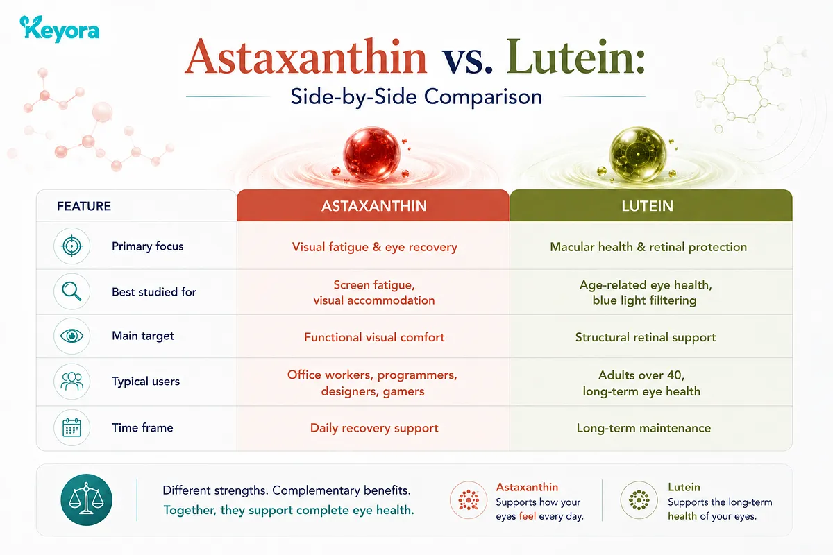 KEYORA side-by-side comparison table analyzing Astaxanthin vs. Lutein across key features: primary focus, best studied areas, main targets, typical user demographics, and timeframe for daily recovery versus long-term maintenance. KEYORA side-by-side comparison table analyzing Astaxanthin vs. Lutein across key features: primary focus, best studied areas, main targets, typical user demographics, and timeframe for daily recovery versus long-term maintenance.