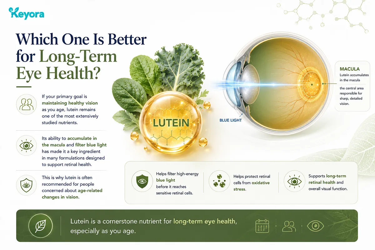 KEYORA diagram titled "Which One Is Better for Long-Term Eye Health?", featuring kale, spinach, and a glowing golden Lutein orb entering an eye macula. It emphasizes Lutein as a cornerstone nutrient for age-related vision support, blue light filtering, and long-term retinal health. KEYORA diagram titled "Which One Is Better for Long-Term Eye Health?", featuring kale, spinach, and a glowing golden Lutein orb entering an eye macula. It emphasizes Lutein as a cornerstone nutrient for age-related vision support, blue light filtering, and long-term retinal health.