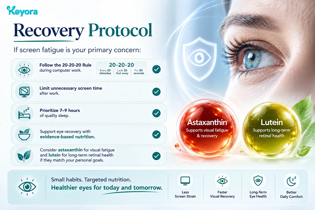 KEYORA guide titled "Recovery Protocol", mapping out five essential steps for screen fatigue: the 20-20-20 rule, limiting post-work screen time, getting 7–9 hours of sleep, evidence-based nutrition, and selecting Astaxanthin for visual fatigue alongside Lutein for retinal health. KEYORA guide titled "Recovery Protocol", mapping out five essential steps for screen fatigue: the 20-20-20 rule, limiting post-work screen time, getting 7–9 hours of sleep, evidence-based nutrition, and selecting Astaxanthin for visual fatigue alongside Lutein for retinal health.