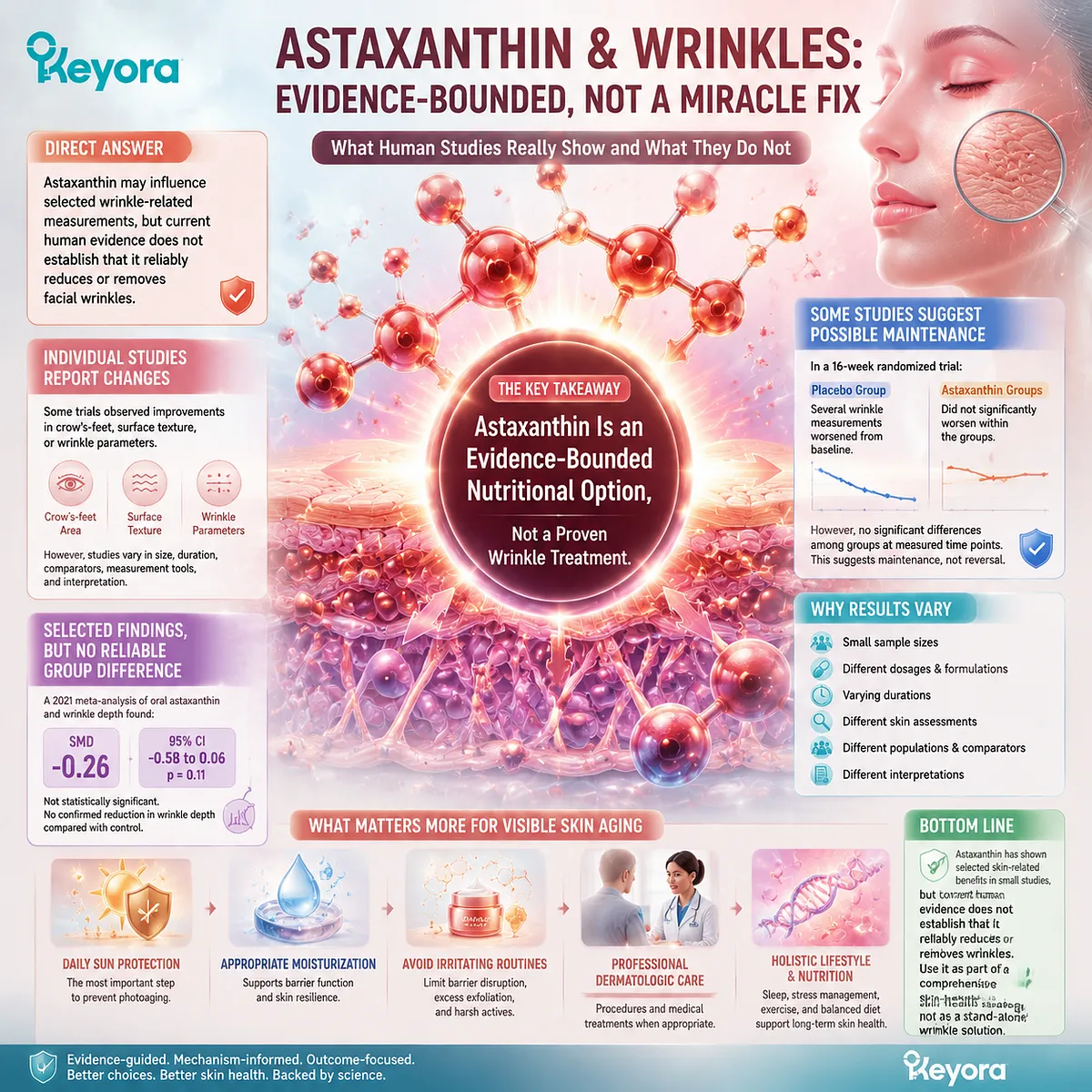 Astaxanthin skin aging research maps wrinkle measurements, oxidative stress balance, and photodamage pathways through the Keyora Astaxanthin Matrix for evidence-bounded skin wellness support. Astaxanthin skin aging research maps wrinkle measurements, oxidative stress balance, and photodamage pathways through the Keyora Astaxanthin Matrix for evidence-bounded skin wellness support.