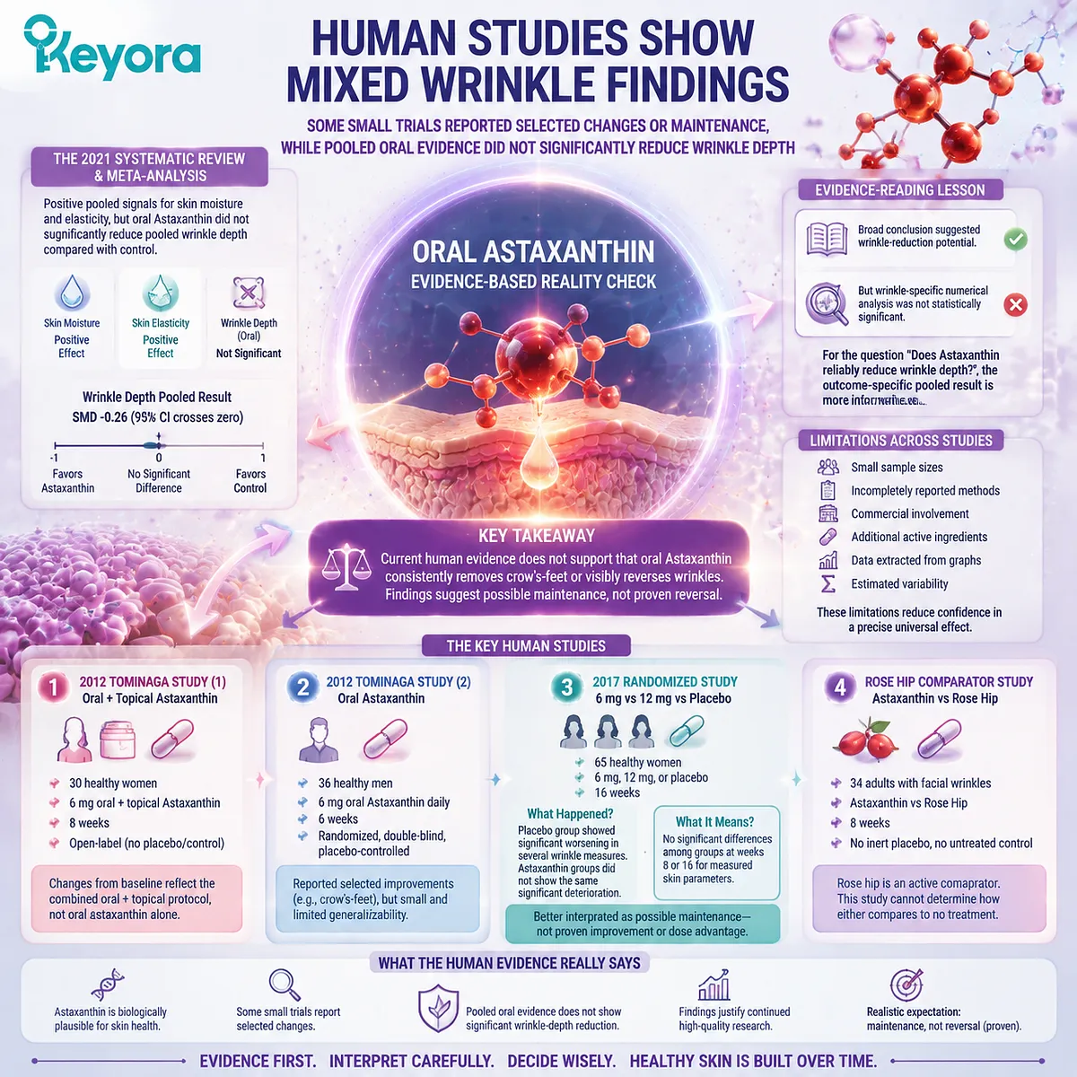 Astaxanthin wrinkle studies show mixed human evidence through clinical measurements, placebo comparisons, and redox mechanisms within the Keyora Astaxanthin Matrix evidence framework. Astaxanthin wrinkle studies show mixed human evidence through clinical measurements, placebo comparisons, and redox mechanisms within the Keyora Astaxanthin Matrix evidence framework.