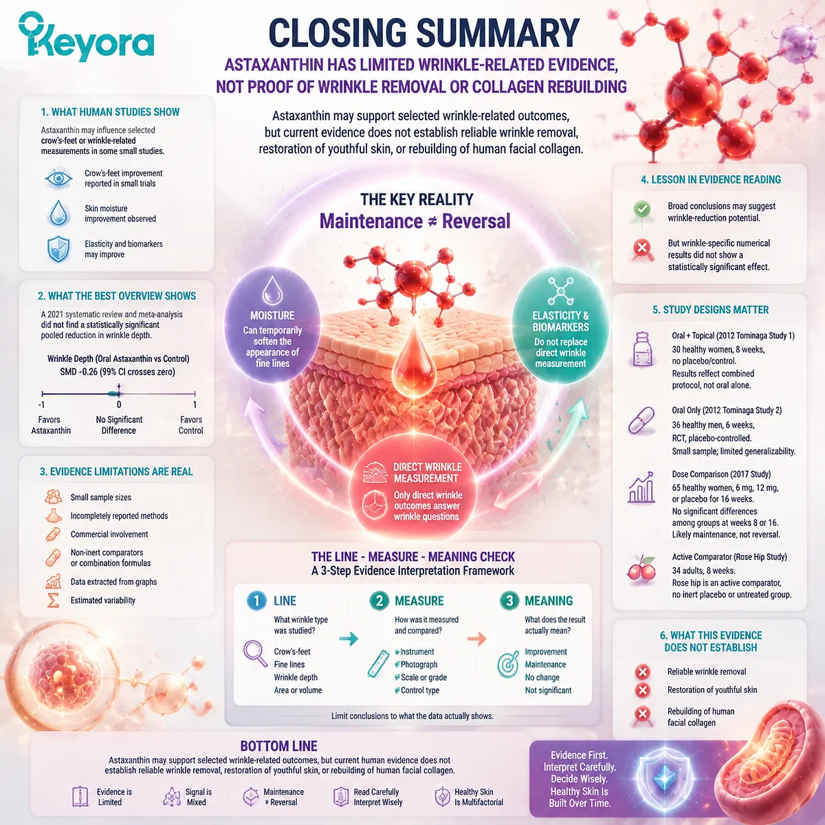 Astaxanthin wrinkle evidence uses Line Measure Meaning Check to interpret clinical outcomes, hydration, collagen biomarkers, and limits within the Keyora Astaxanthin Matrix. Astaxanthin wrinkle evidence uses Line Measure Meaning Check to interpret clinical outcomes, hydration, collagen biomarkers, and limits within the Keyora Astaxanthin Matrix.