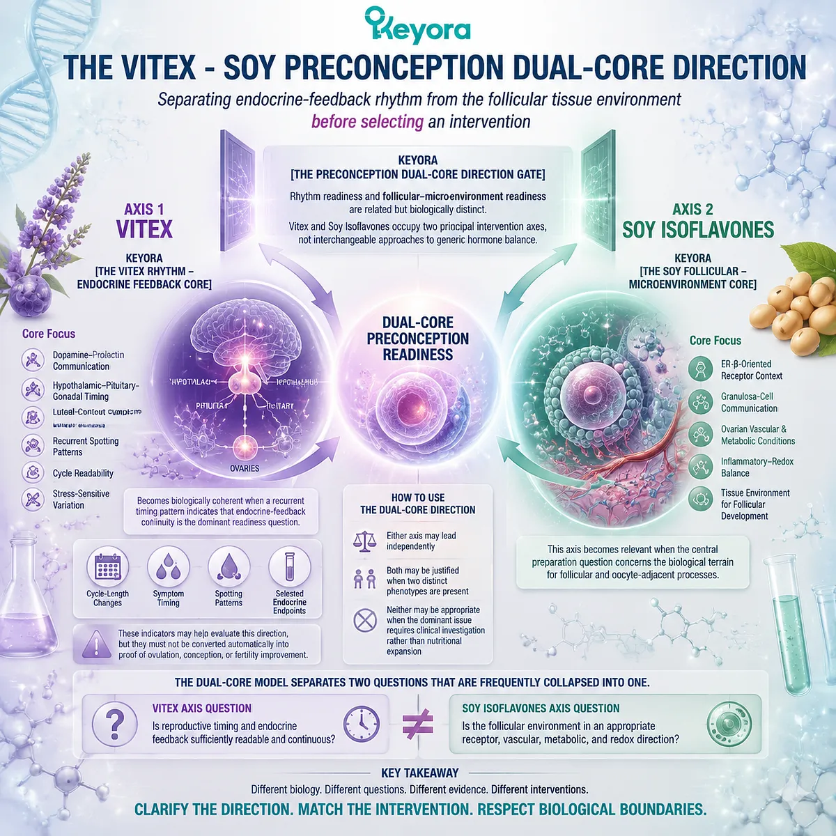 Preconception nutrition framework showing Vitex endocrine rhythm support, Soy isoflavone ER-β signaling, ovarian microenvironment, and Keyora Female Chrono-Nutrition Dual-Core Matrix Preconception nutrition framework showing Vitex endocrine rhythm support, Soy isoflavone ER-β signaling, ovarian microenvironment, and Keyora Female Chrono-Nutrition Dual-Core Matrix