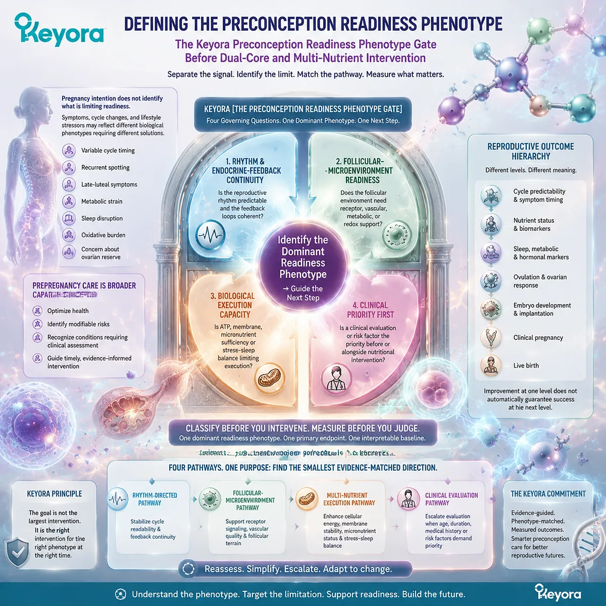 Preconception readiness phenotype classification maps reproductive rhythm, follicular microenvironment, biological execution, and clinical priority through Keyora Female Chrono-Nutrition Preconception Readiness Phenotype Gate. Preconception readiness phenotype classification maps reproductive rhythm, follicular microenvironment, biological execution, and clinical priority through Keyora Female Chrono-Nutrition Preconception Readiness Phenotype Gate.