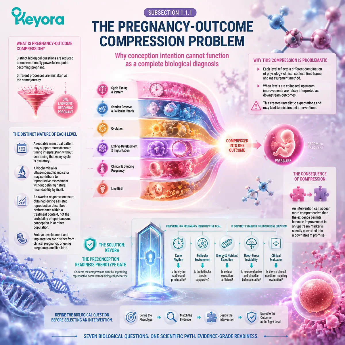 Preconception nutrition separates pregnancy intention from fertility outcomes by mapping ovulation, ovarian response, embryo development, and Keyora Preconception Readiness Phenotype Gate biological classification. Preconception nutrition separates pregnancy intention from fertility outcomes by mapping ovulation, ovarian response, embryo development, and Keyora Preconception Readiness Phenotype Gate biological classification.