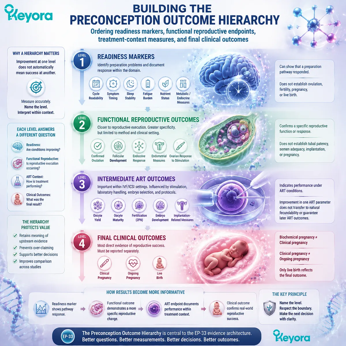 Preconception outcome hierarchy separates readiness markers, reproductive function, ART measures, and clinical outcomes through Keyora Preconception Outcome Hierarchy framework for evidence clarity. Preconception outcome hierarchy separates readiness markers, reproductive function, ART measures, and clinical outcomes through Keyora Preconception Outcome Hierarchy framework for evidence clarity.
