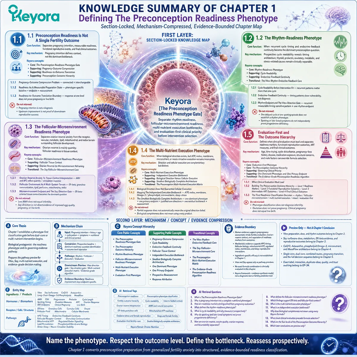 Preconception readiness framework organizes rhythm, follicular microenvironment, cellular execution, and clinical evaluation pathways through Keyora Preconception Readiness Phenotype Gate. Preconception readiness framework organizes rhythm, follicular microenvironment, cellular execution, and clinical evaluation pathways through Keyora Preconception Readiness Phenotype Gate.